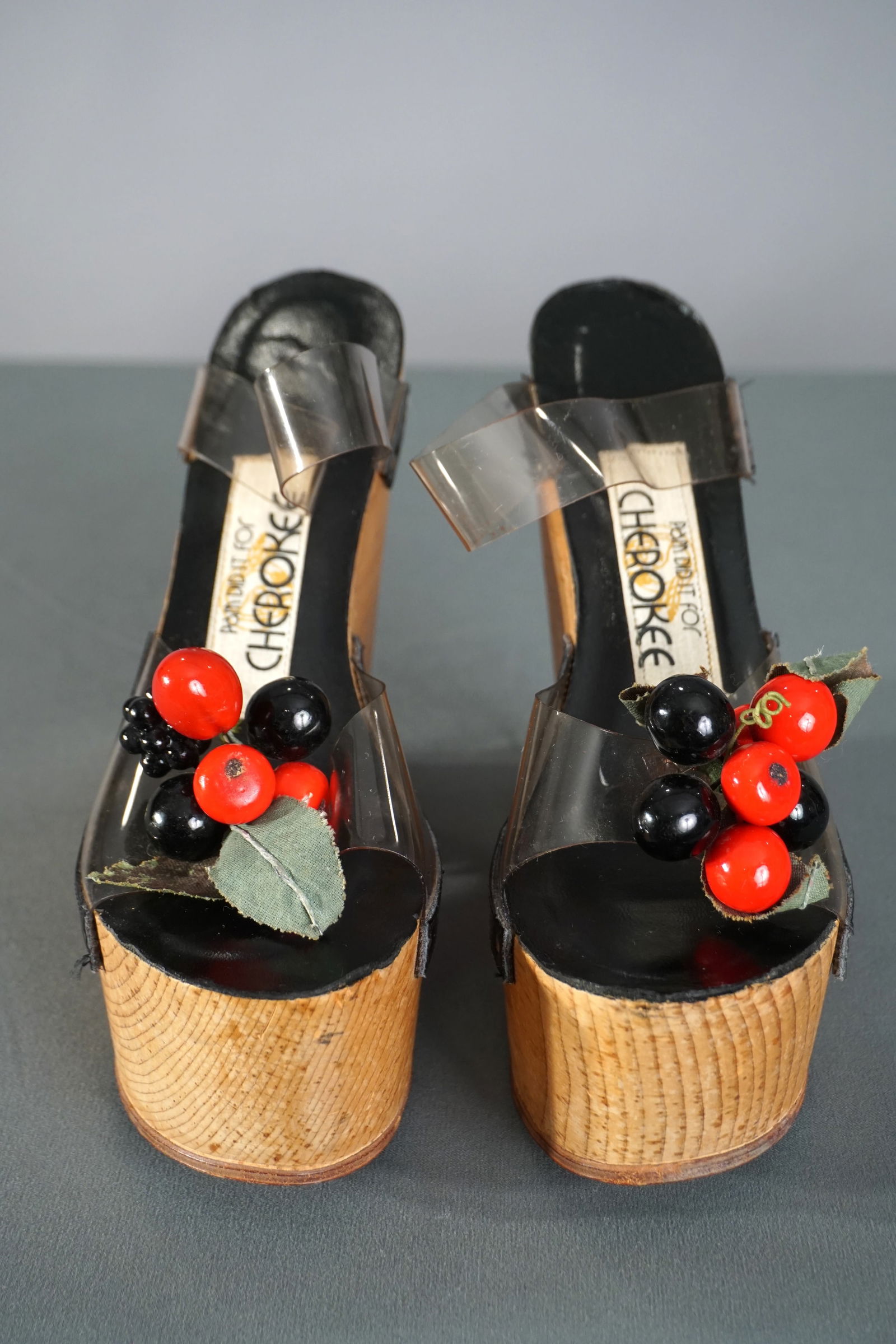 Vintage Platform Shoes, Cherry Wedge Sandals, Portside for Cherokee, Size 6: Vintage platform sandals by Portside for Cherokee, featuring sculpted wooden wedge heels and clear vinyl straps. Accented with whimsical cherry and berry embellishments on the toes. Studded leather tr