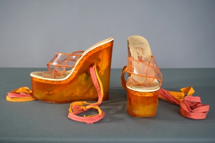Vintage 1970s Italian Lucite Platform Heels with Floral Inset, Size 39