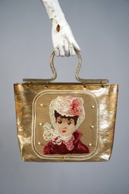Vintage Needlepoint Embroidered Figural Purse, Gold Metallic & Lucite