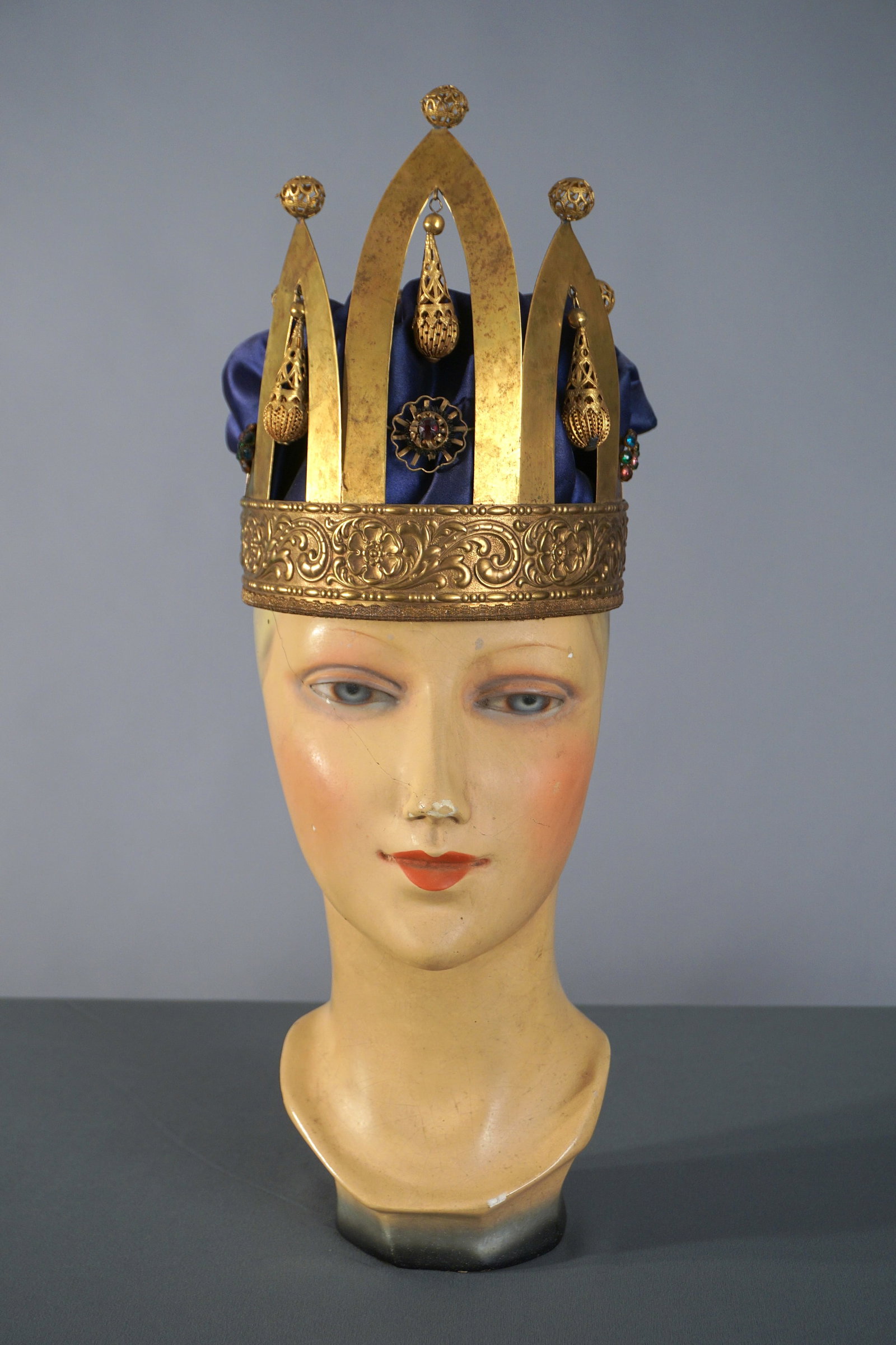 Antique 19th c. Tall Headdress Crown Hat, Pettibone Bros: A grand antique ceremonial crown, produced by the renowned Pettibone Bros. of Cincinnati, active suppliers of regalia in the late 19th and early 20th centuries. The crown features a brass band embosse