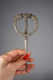 Antique Bhutanese Silver Cloak Pin With Makara Head Finials for Dress