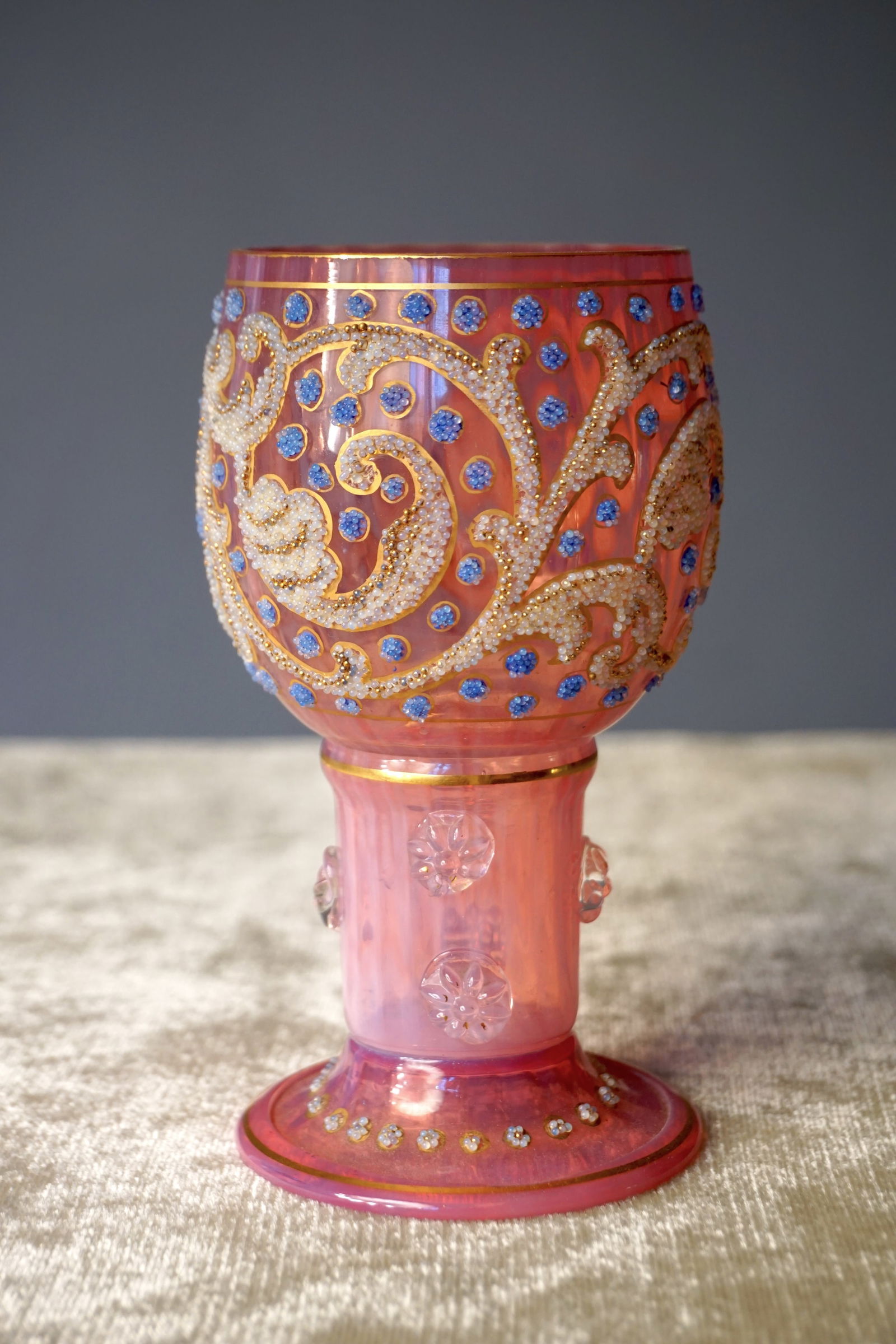 French or Bohemian Pink Coralene Glass Goblet with Jewel Enamel And Gilding, Late 19th c. (1 of 10)