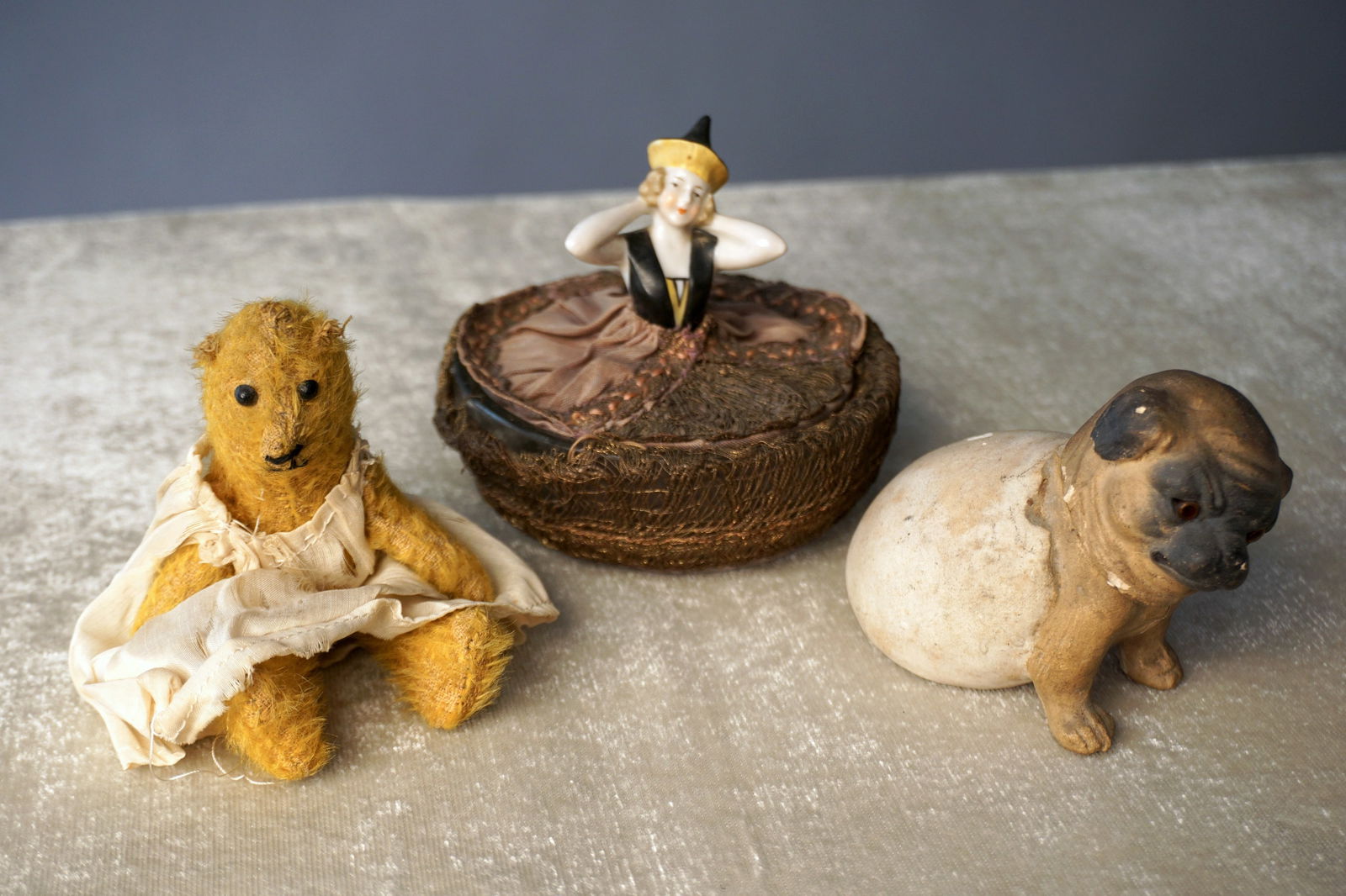 Antique Group Miniature Steiff Bear, Papier Mache Pug Candy Container, 1920s Porcelain Flapper (1 of 14)