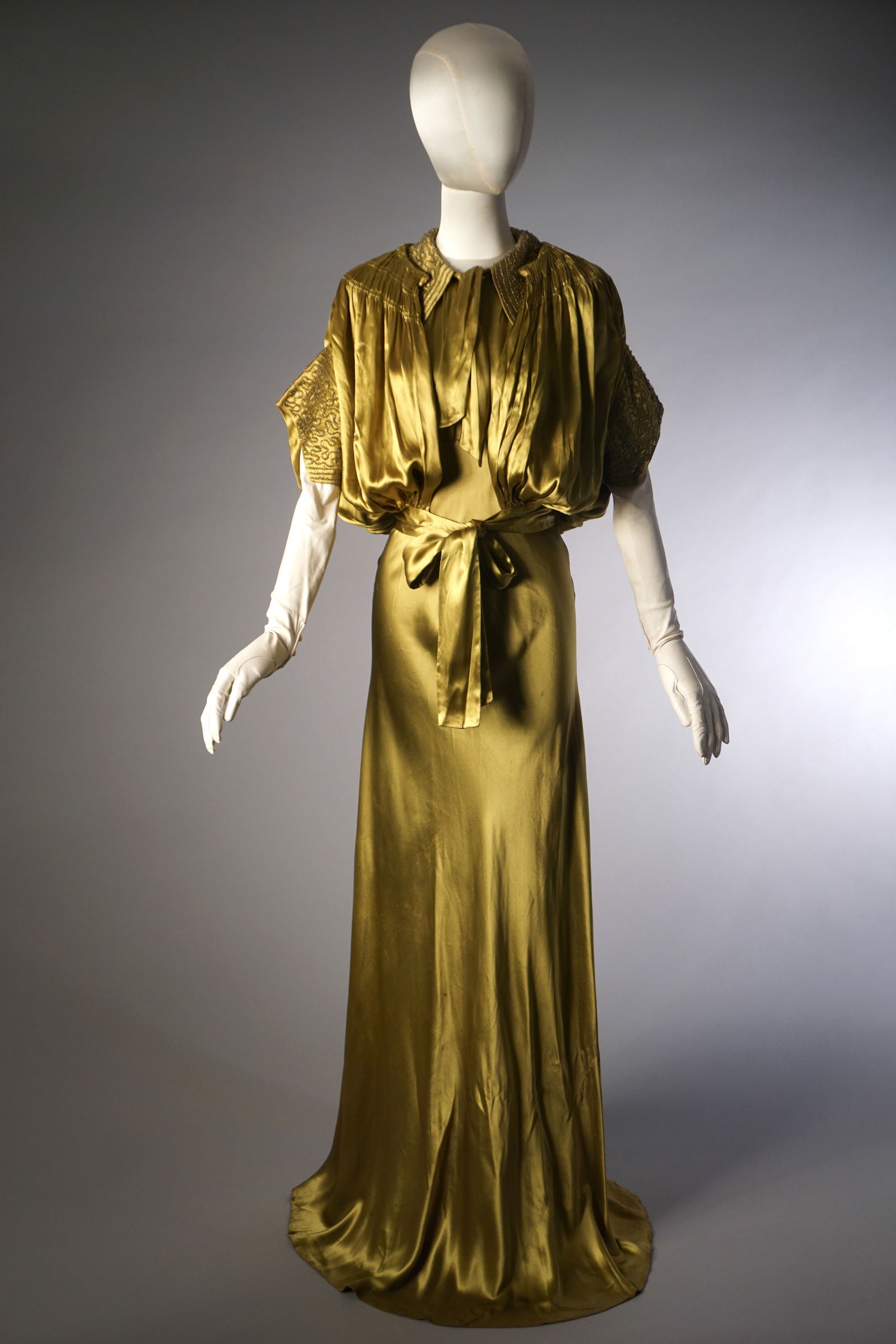 Vintage 1930s Chartreuse Satin Dress with Beaded Jacket (1 of 18)