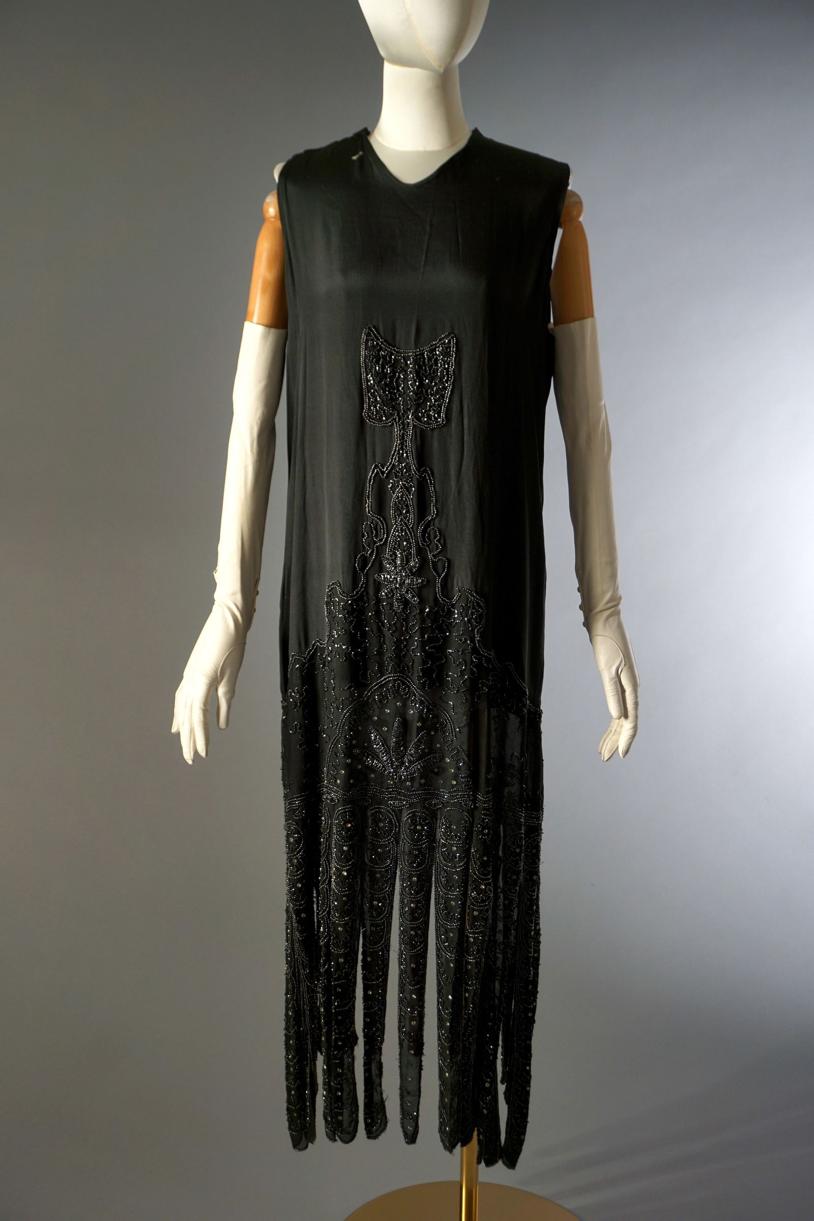 Vintage 1920s Black Chiffon Glass Beaded Flapper Dress with Fringe (1 of 9)