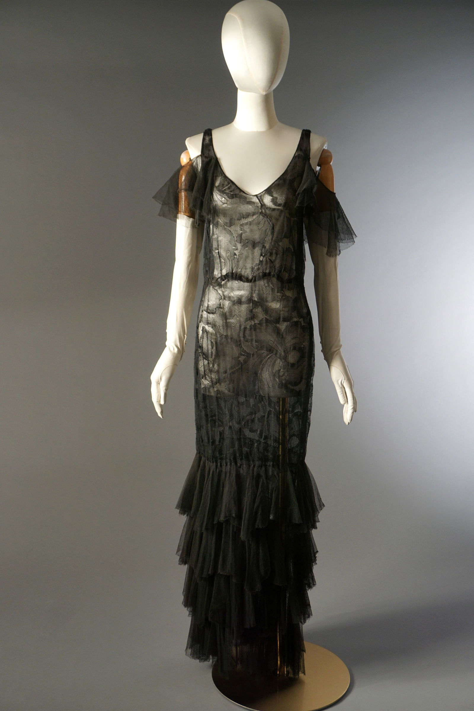 Vintage 1920s 30s Black Lace Evening Dress with Tiered Tulle Ruffle (1 of 14)