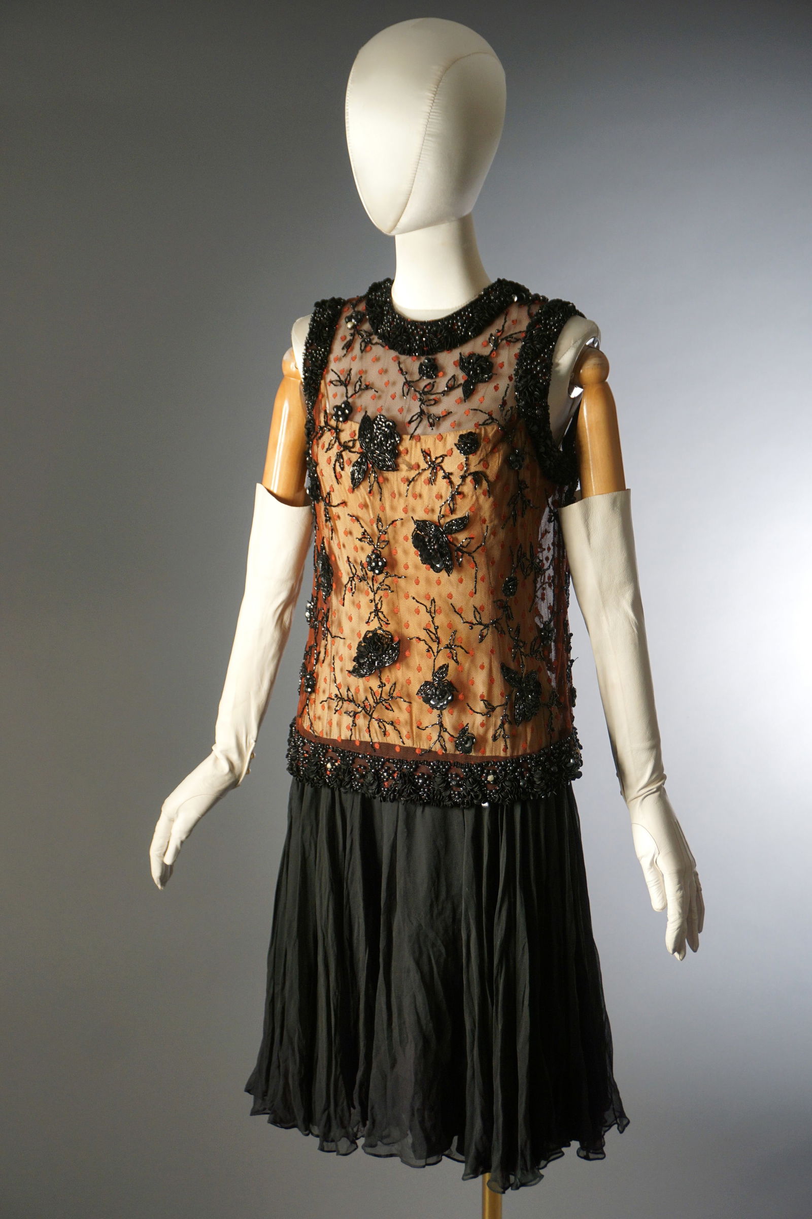 Vintage 1950s Glass Beaded Net Top Silk Chiffon Dress Ensemble (1 of 13)