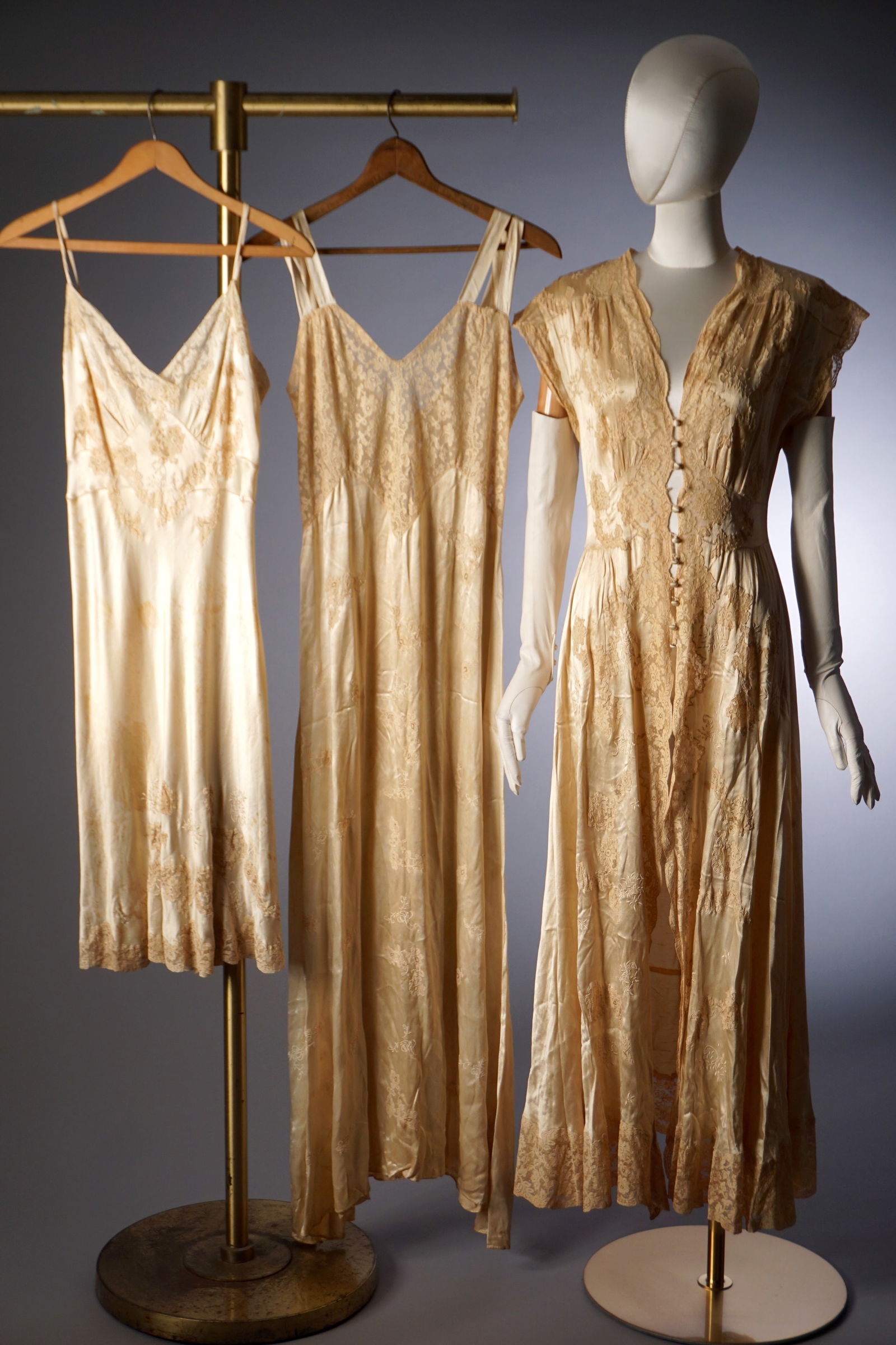 Vintage 1930s Silk Trousseau Dress Ensemble, Ecru Lace Peignoir and Two Slips (1 of 18)