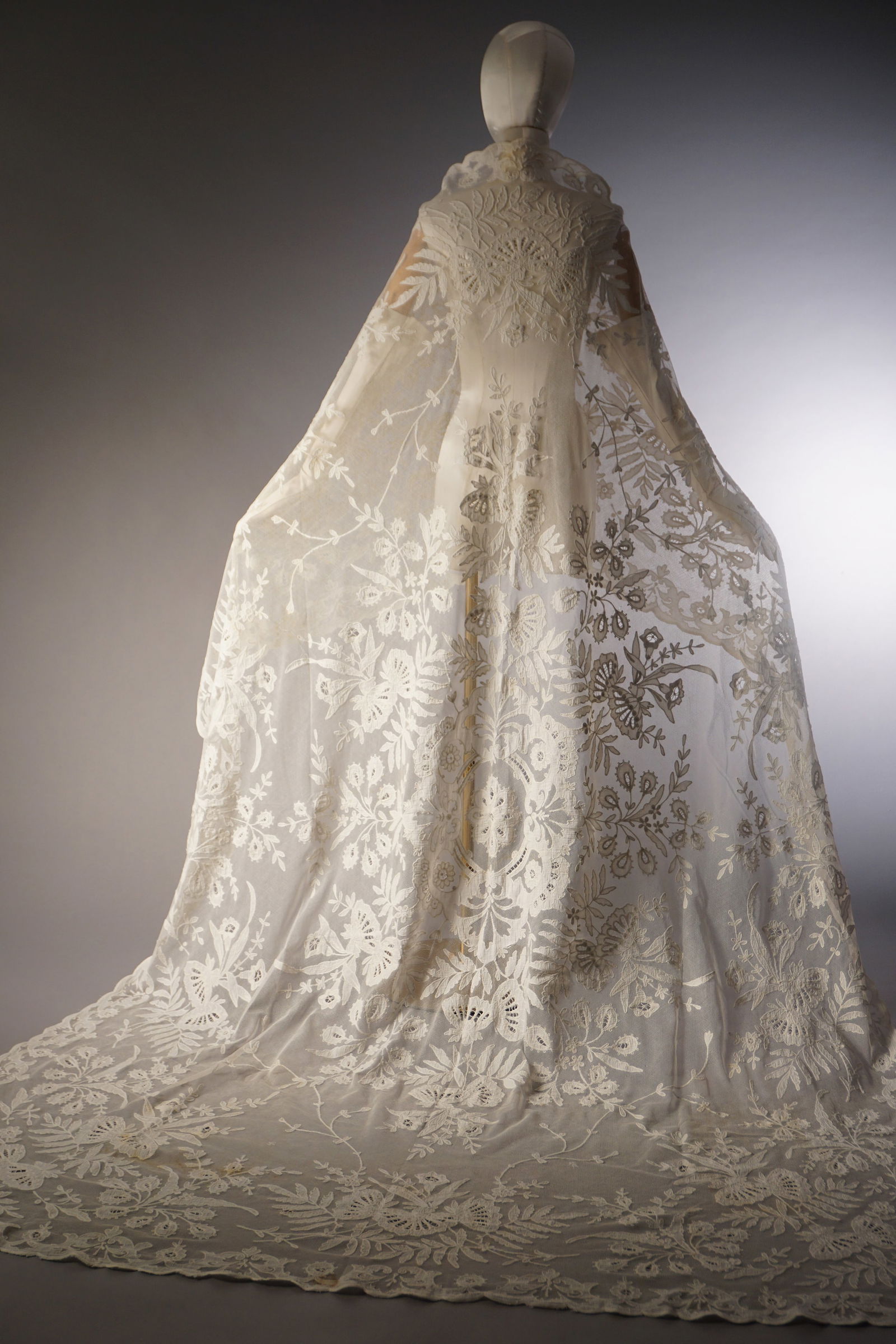 Antique Hand Embroidered Net Lace Panel, Large Floral Design, Early 20th Century (1 of 8)