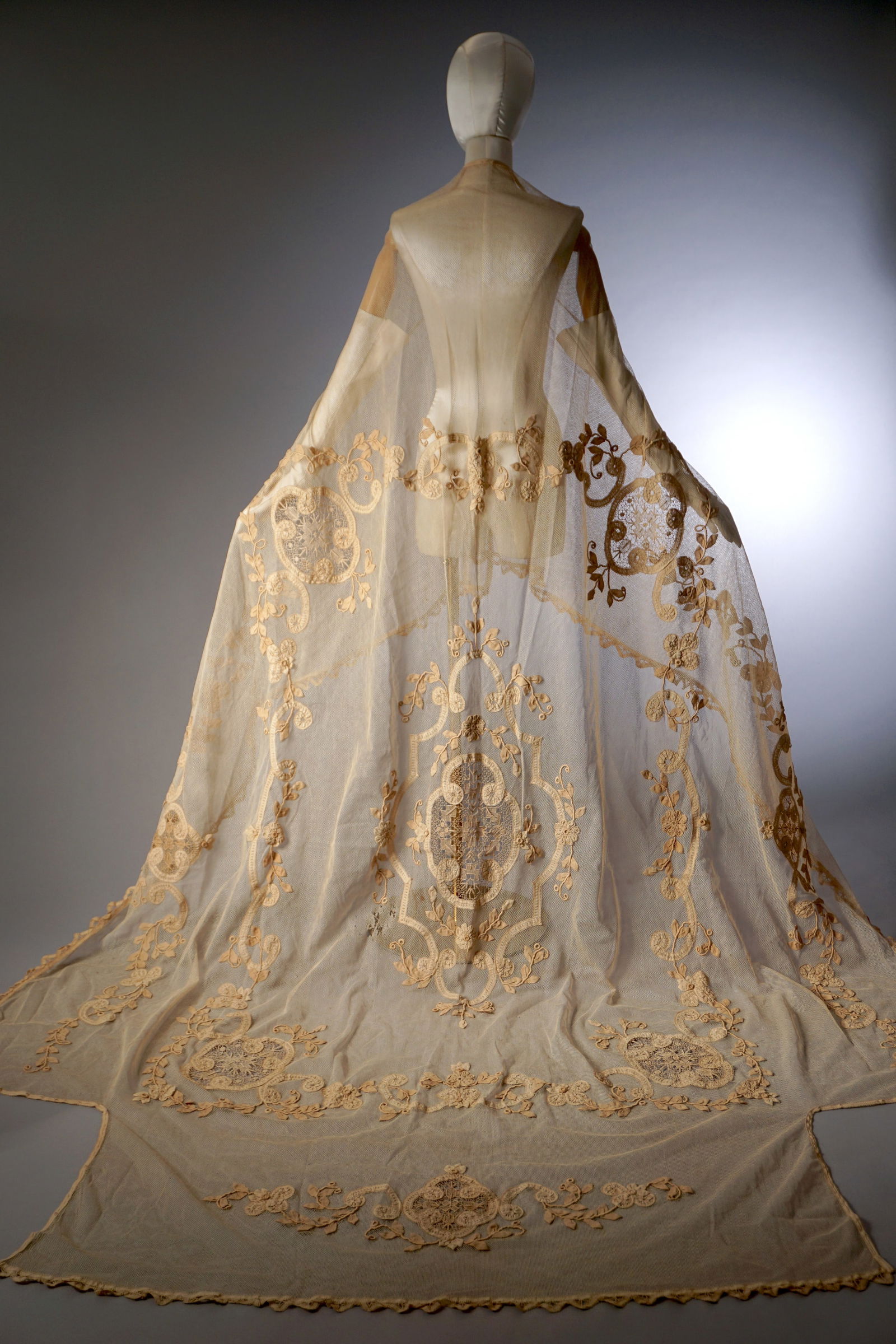 Antique Embroidered Net Lace Panel With Raised Floral Appliqué (1 of 6)