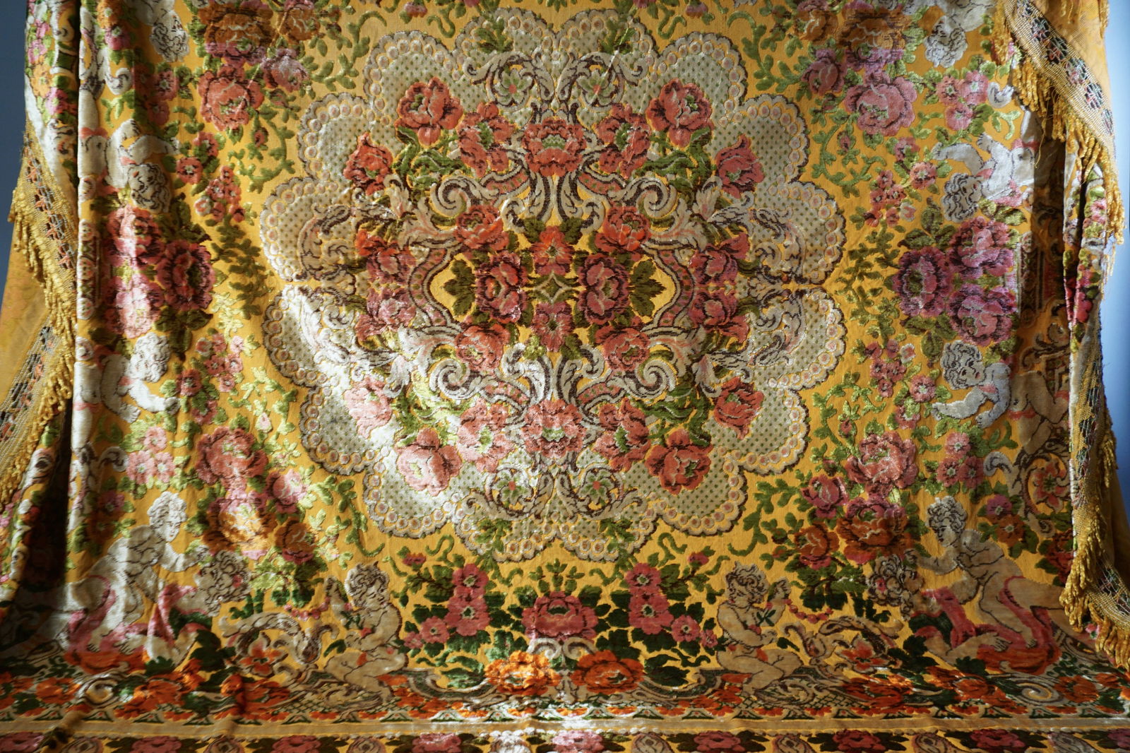 Vintage Orange Velvet Tapestry Blanket Rug with Floral Medallion Design (1 of 16)