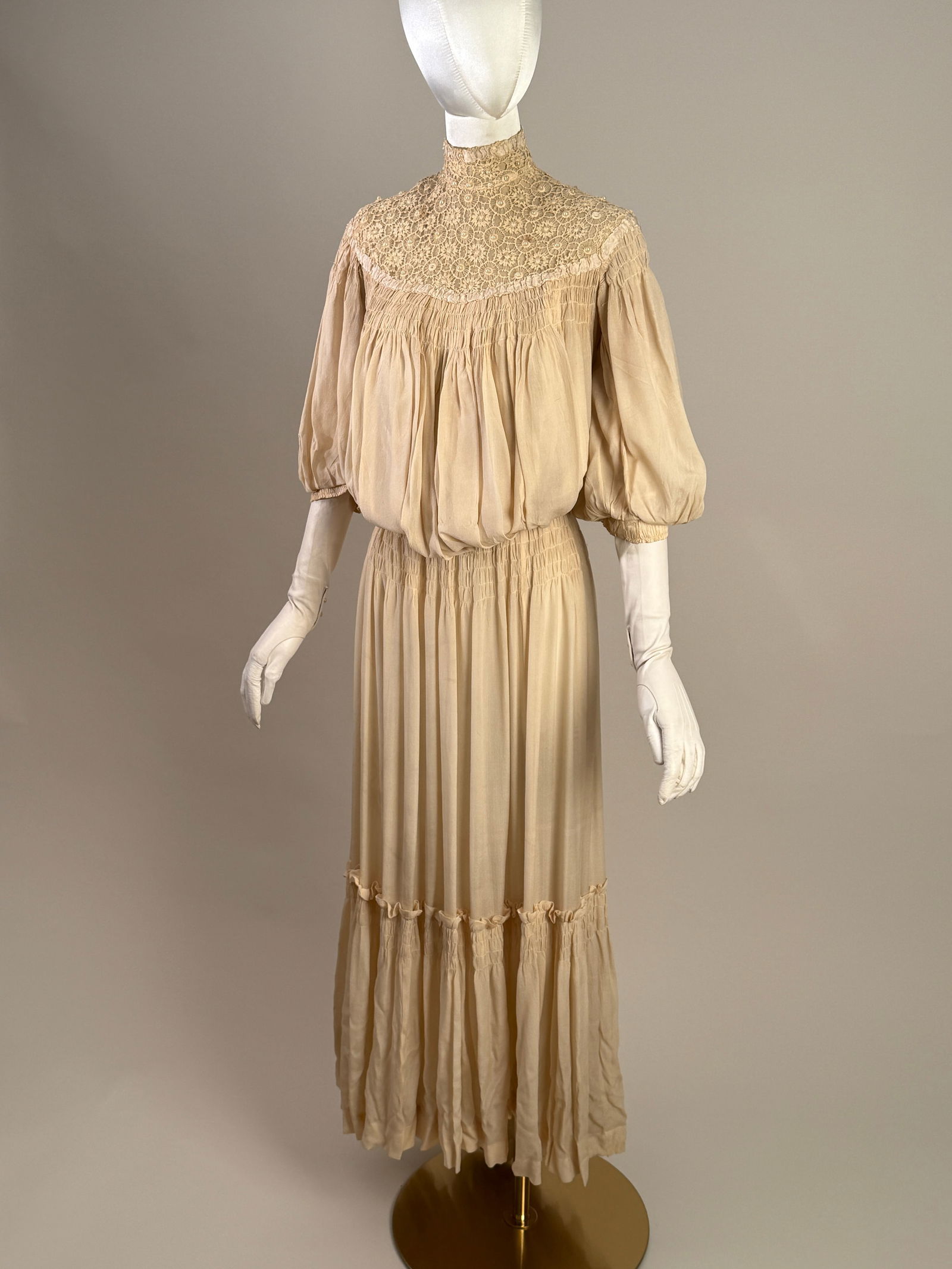 Antique Edwardian Silk Chiffon Smocked Dress with Lace & Pearls (1 of 18)