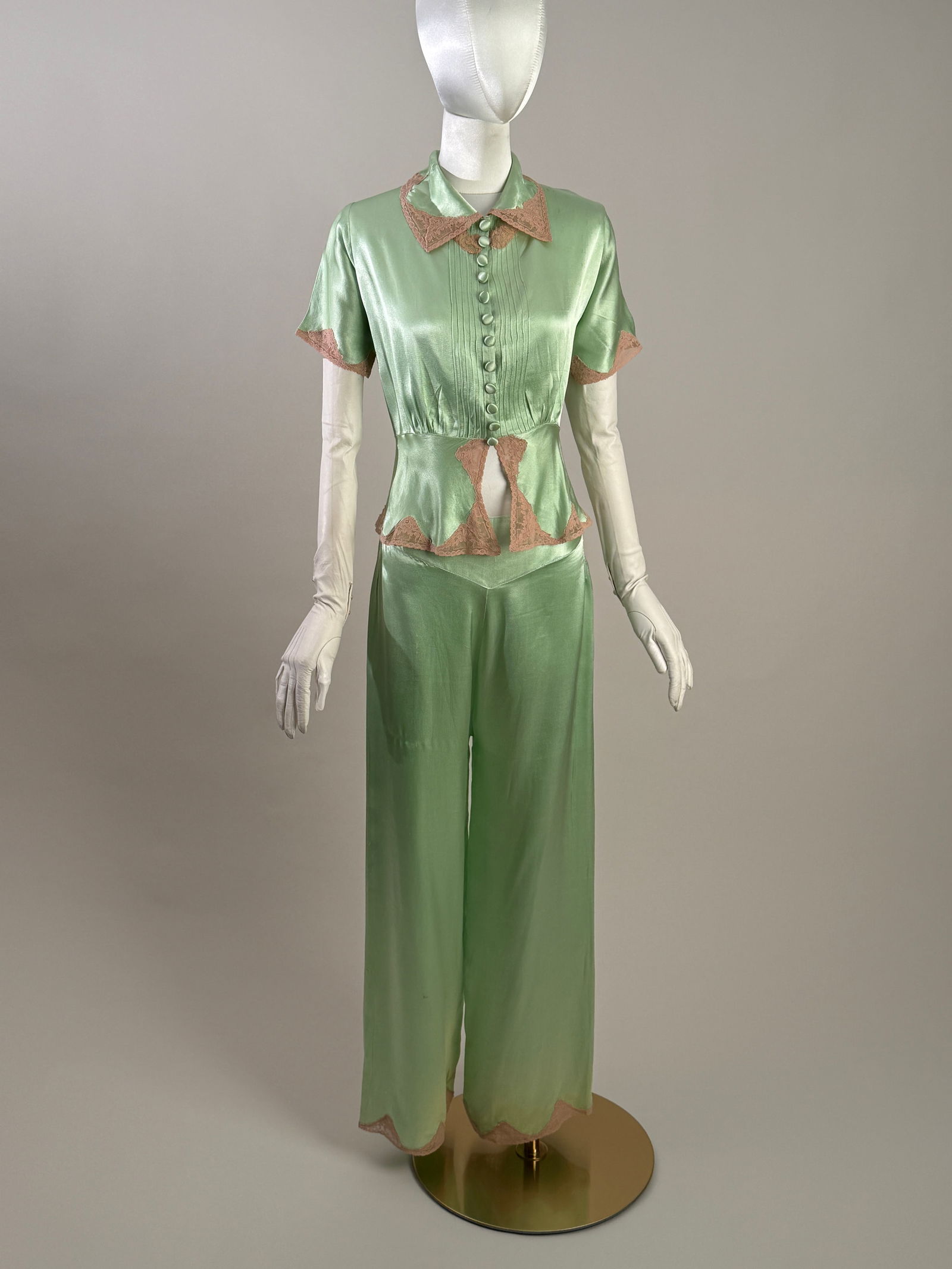 Vintage 1930s Seafoam Green Lingerie Beach Pajama Ensemble, Lace Blouse and Pants (1 of 16)