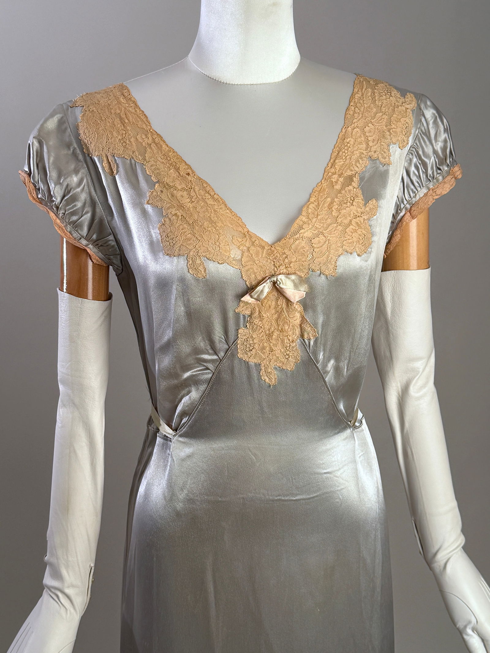 Antique 1930s Icy Blue Liquid Satin Lingerie Dress with Ecru Lace (1 of 16)