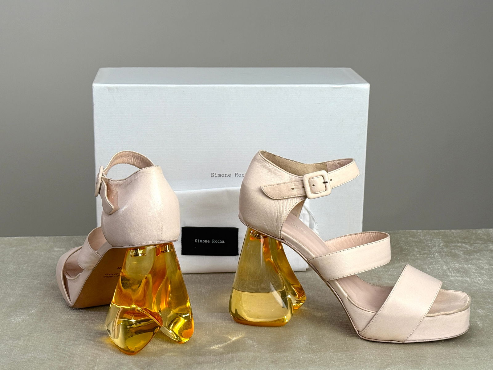 Simone Rocha Yellow Lucite Heels, Made in Italy, Size 38: Collectible design from Simone Rocha, these architectural shoes pair soft blush pink leather with dramatic sculptural lucite heels in a rich yellow tone. Made in Italy from fine leather (“Vero Cuoio