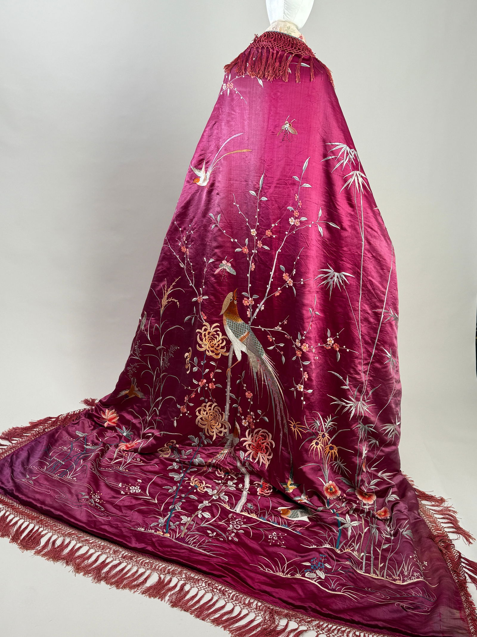 Antique Chinese Silk Embroidered Shawl with Fringe, Birds & Floral Motif, Circa 1900 (1 of 18)