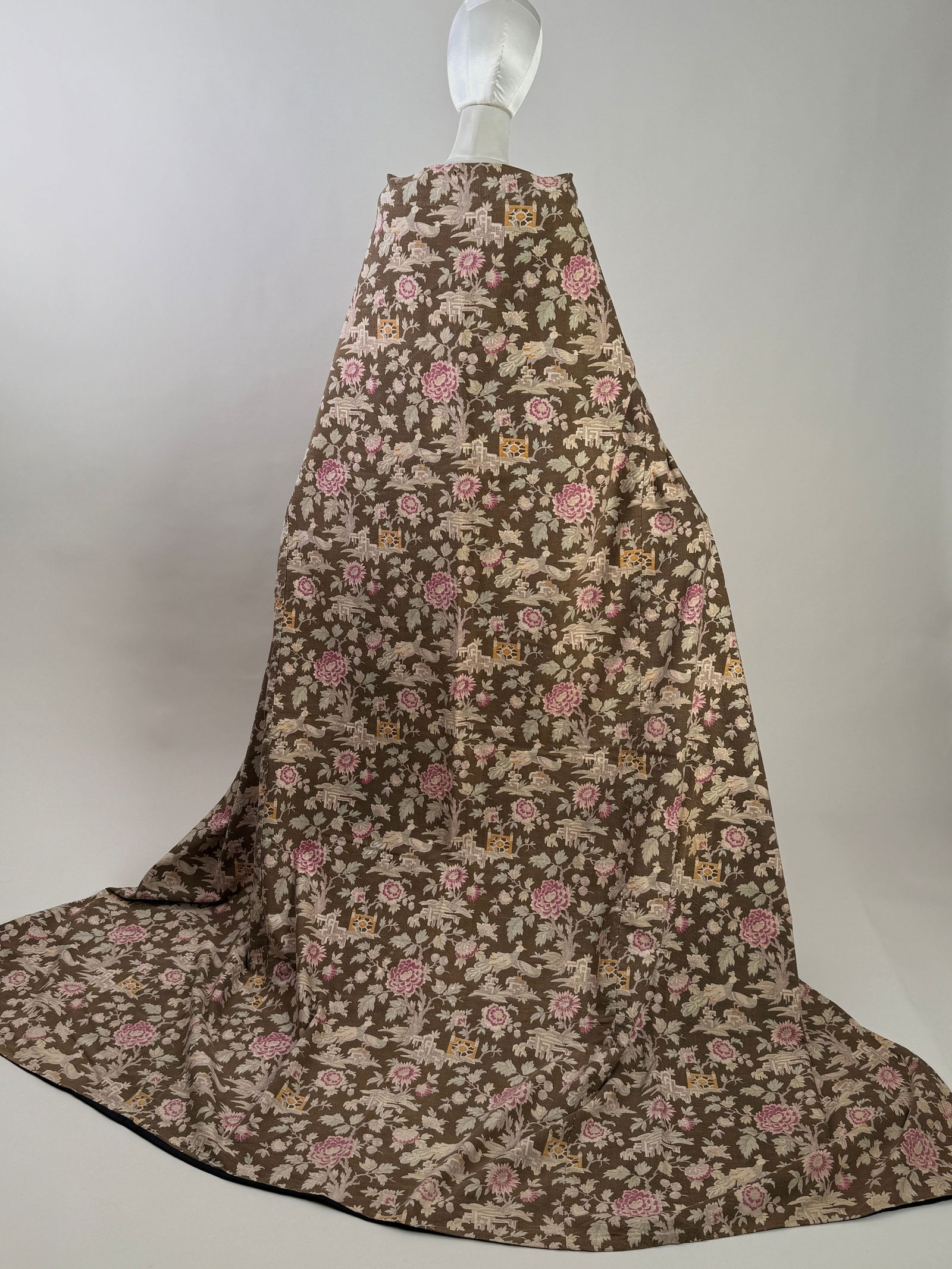 Vintage 1920s Chinoiserie Cotton Curtain Panel with Floral & Pavilion Motif Textile (1 of 12)