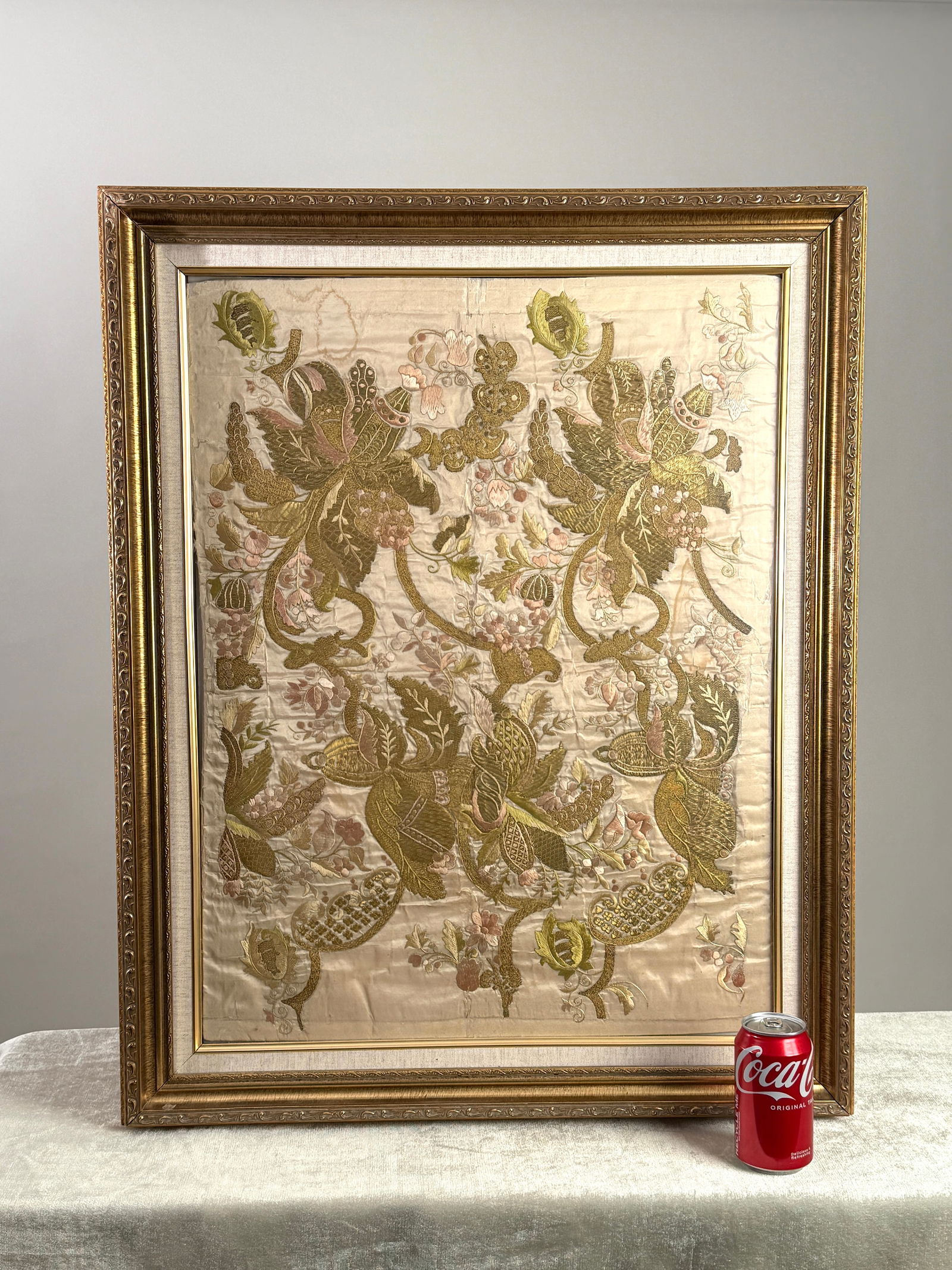 Antique 19th Century Silk & Metallic Thread Embroidered Panel in Gilt Frame (1 of 11)