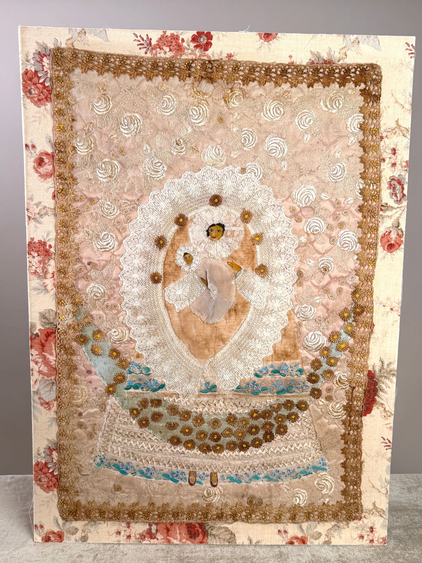 Vintage Handmade Lace & Mixed Media Madonna and Child Textile on Board (1 of 8)