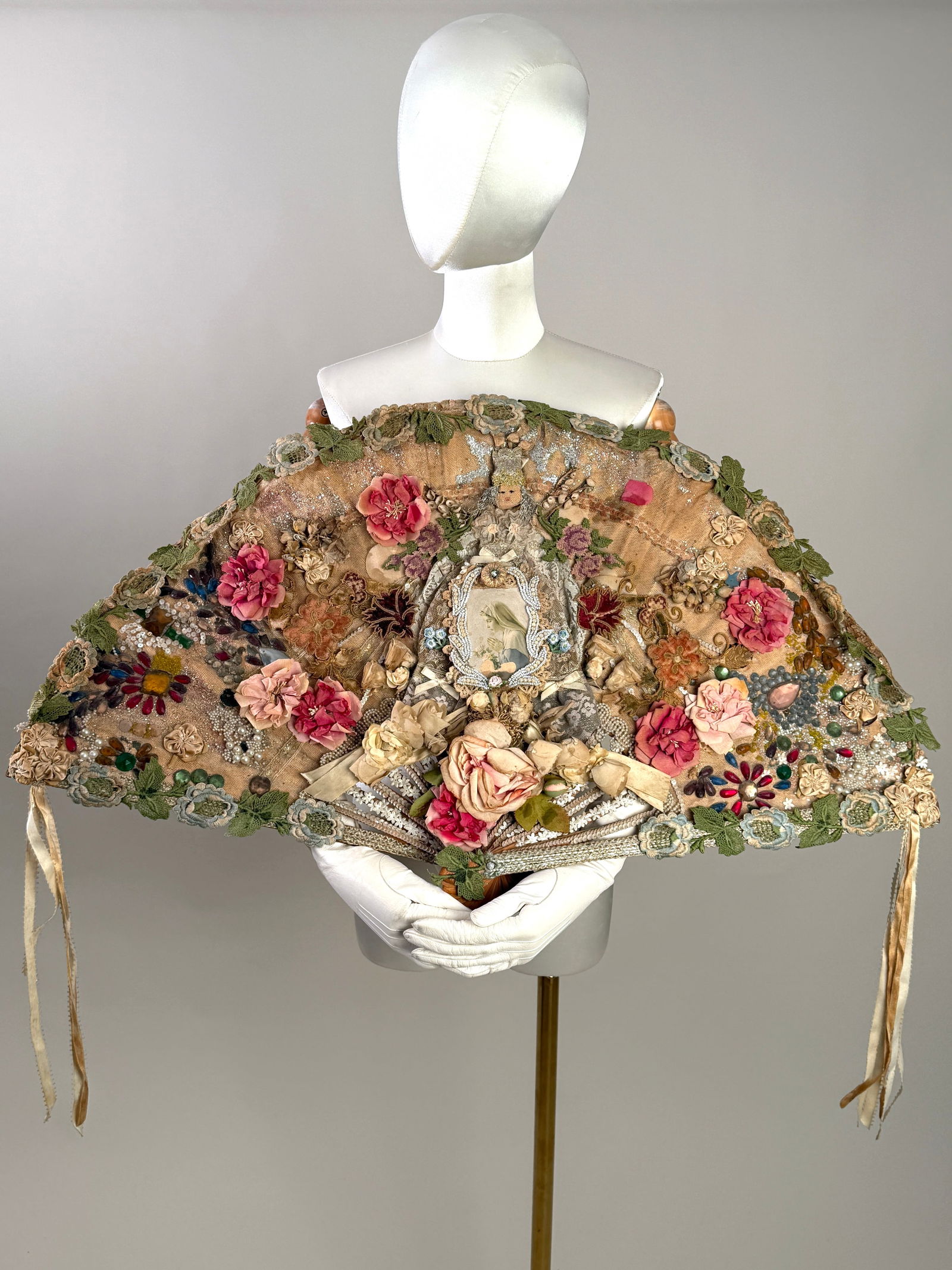 Large Vintage Handmade Beaded and Floral Decorated Folding Hand Fan (1 of 10)