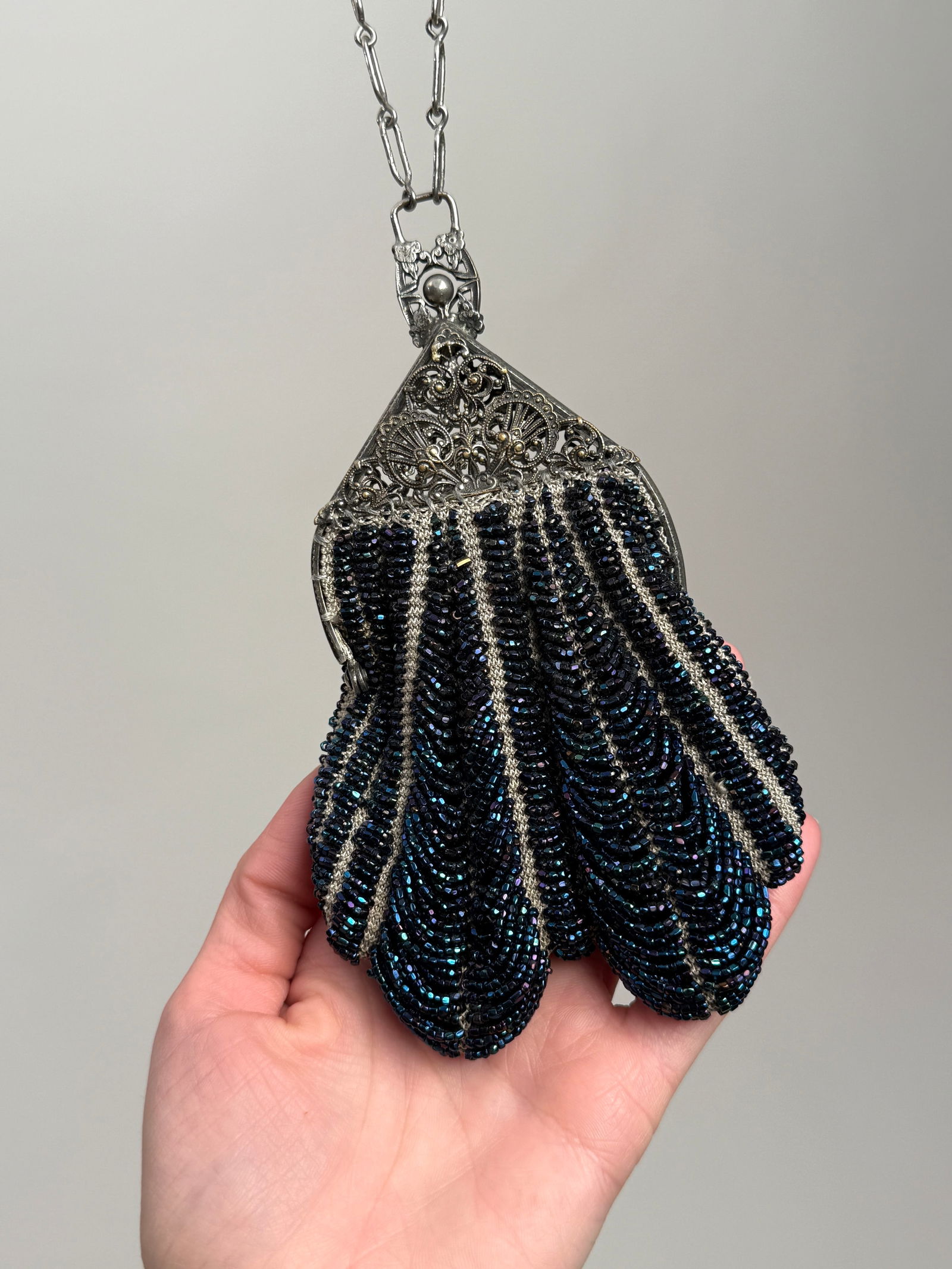 Antique Blue Glass Beaded Purse with Ornate Metal Frame (1 of 4)