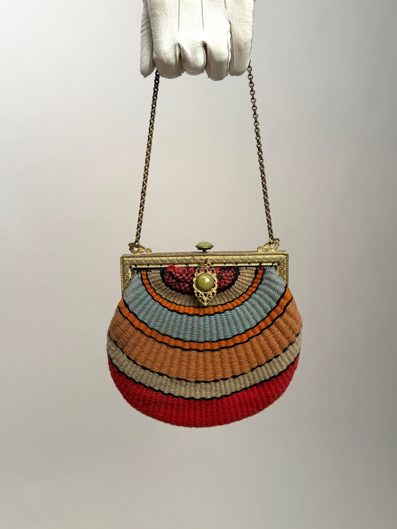 Antique Colorful Wool Purse w/ Jeweled Frame & Chain Strap, c. 1910s–1920s (1 of 5)