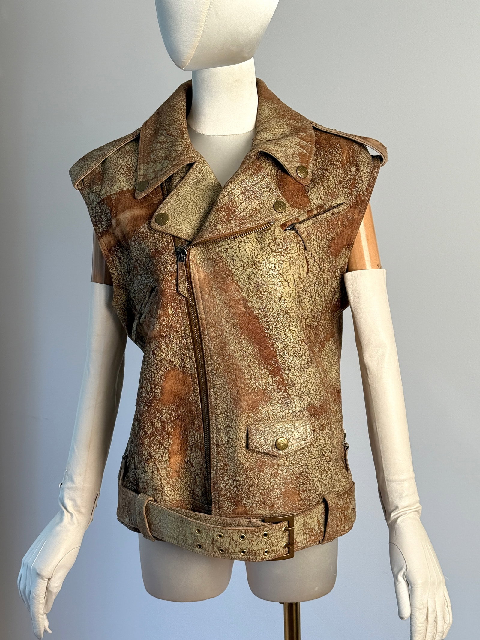 Vintage Jean Paul Gaultier JPG Jean's Vintage Distressed Leather Biker Vest: Collectible vintage biker style vest from the JPG Jean's line by iconic French designer Jean Paul Gaultier. This piece features a striking, intentionally distressed "cracked" leather finish in shades 