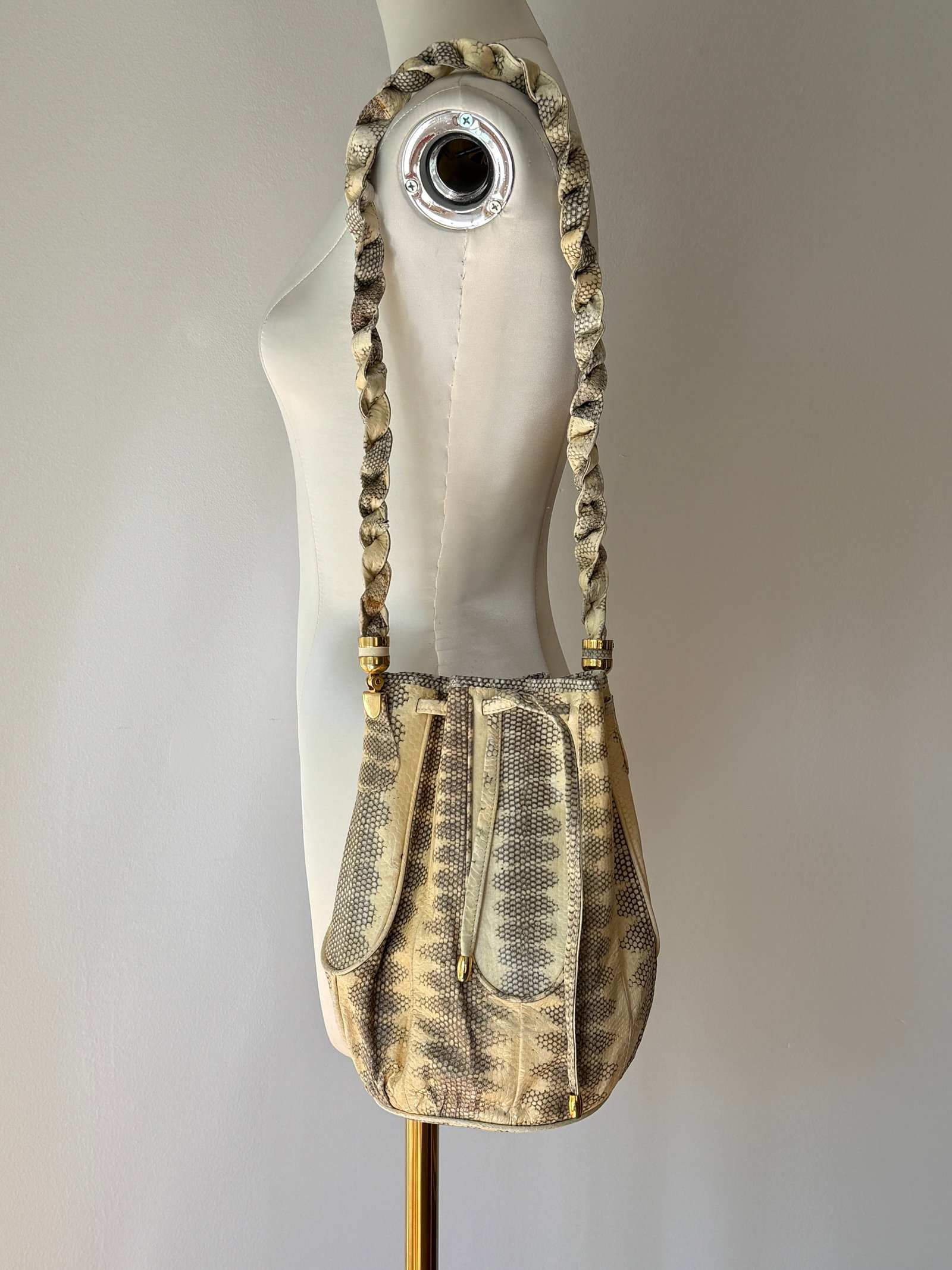 Vintage Python Snakeskin Purse Drawstring Bucket Bag - 2