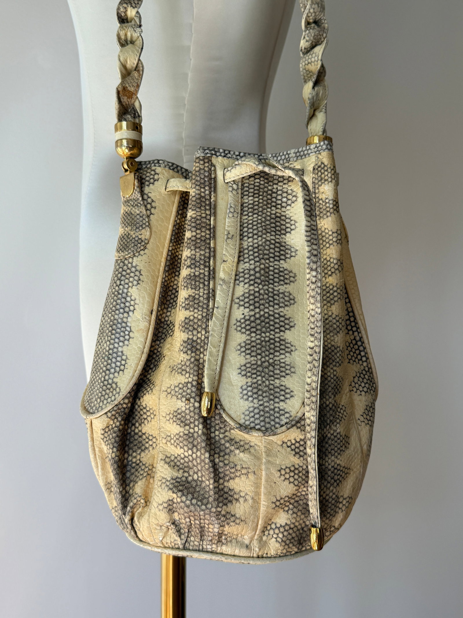Vintage Python Snakeskin Purse Drawstring Bucket Bag - 5