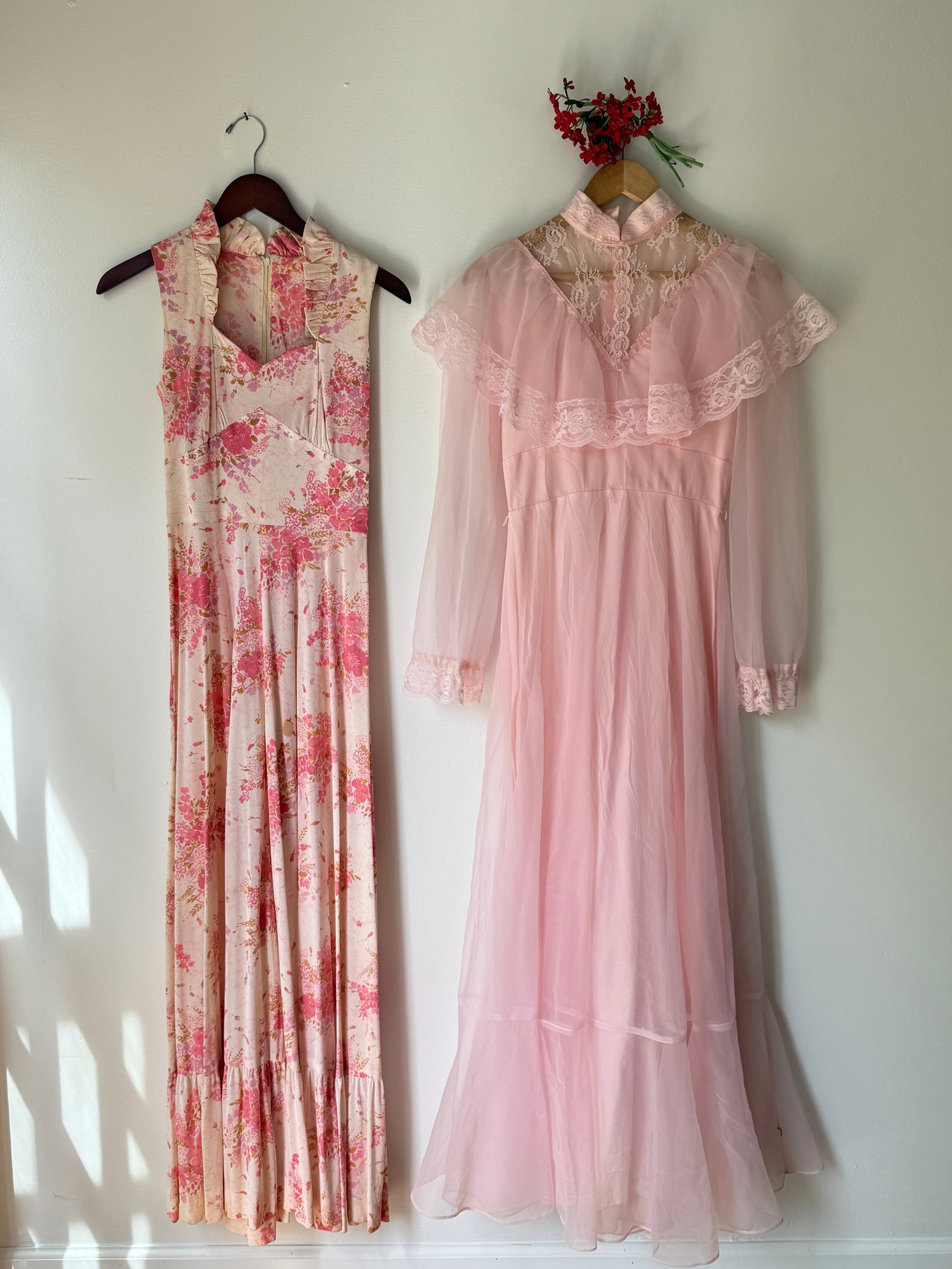 Lot of Two Vintage Pink 1970s Dresses, Prairie and Floral Print: Vintage 1970s pink dress lot of two, pink full length floral and long sleeved ruffle prairie.