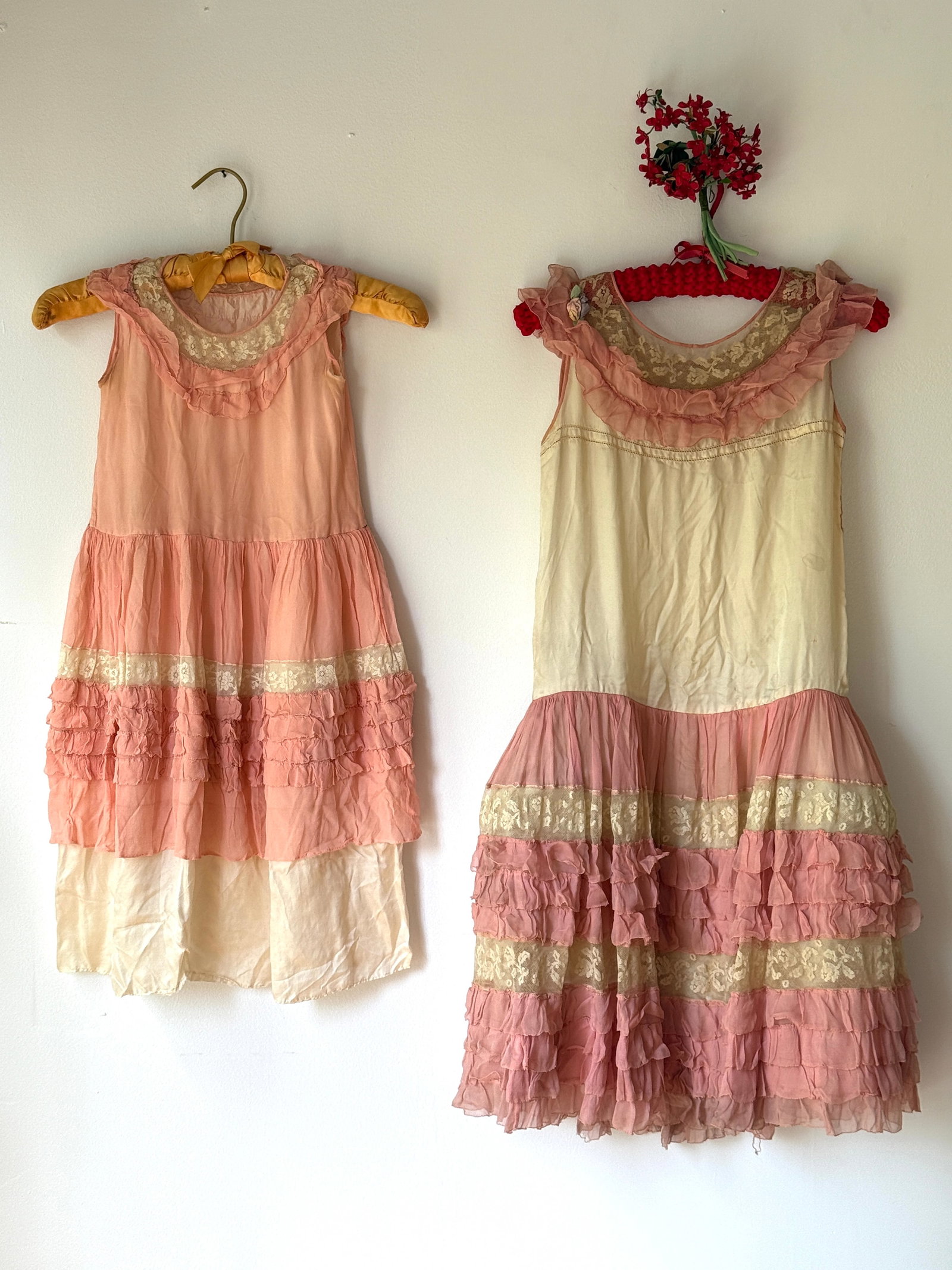 Group Antique 1920s Pannier Dress, Pink Silk Chiffon Ruffle & French Lace (2) (1 of 17)