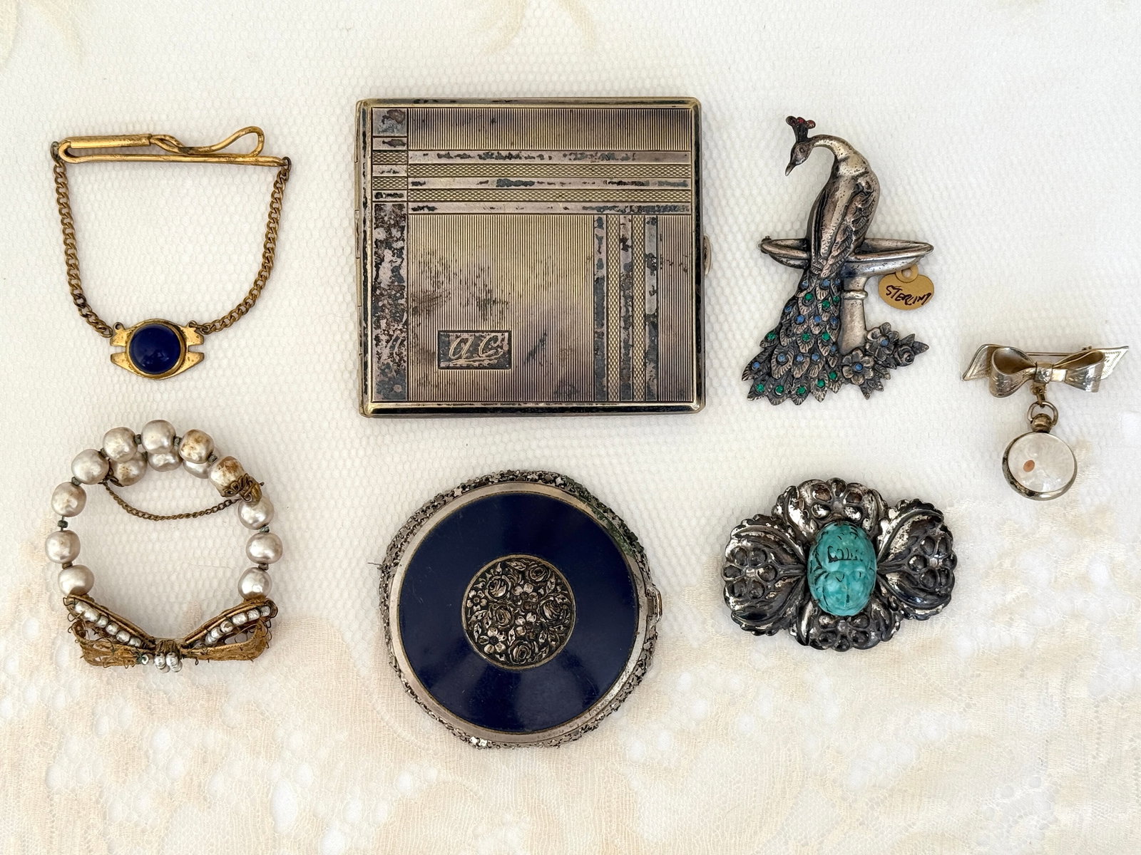 Antique Vintage Estate Jewelry & Sterling Peacock Brooch, Miriam Haskell (1 of 18)