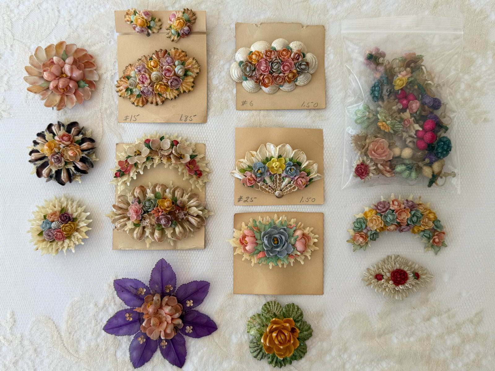 Vintage 1940s Floral Shell Brooches & Earrings Collection WWII Sailor Souvenir: 1940s collection of delicate handmade seashell art brooches and earrings. Wonderful intricate 3D floral arrangements made from small, colorful seashells, faux pearls, and piping. Traditional sailor's 