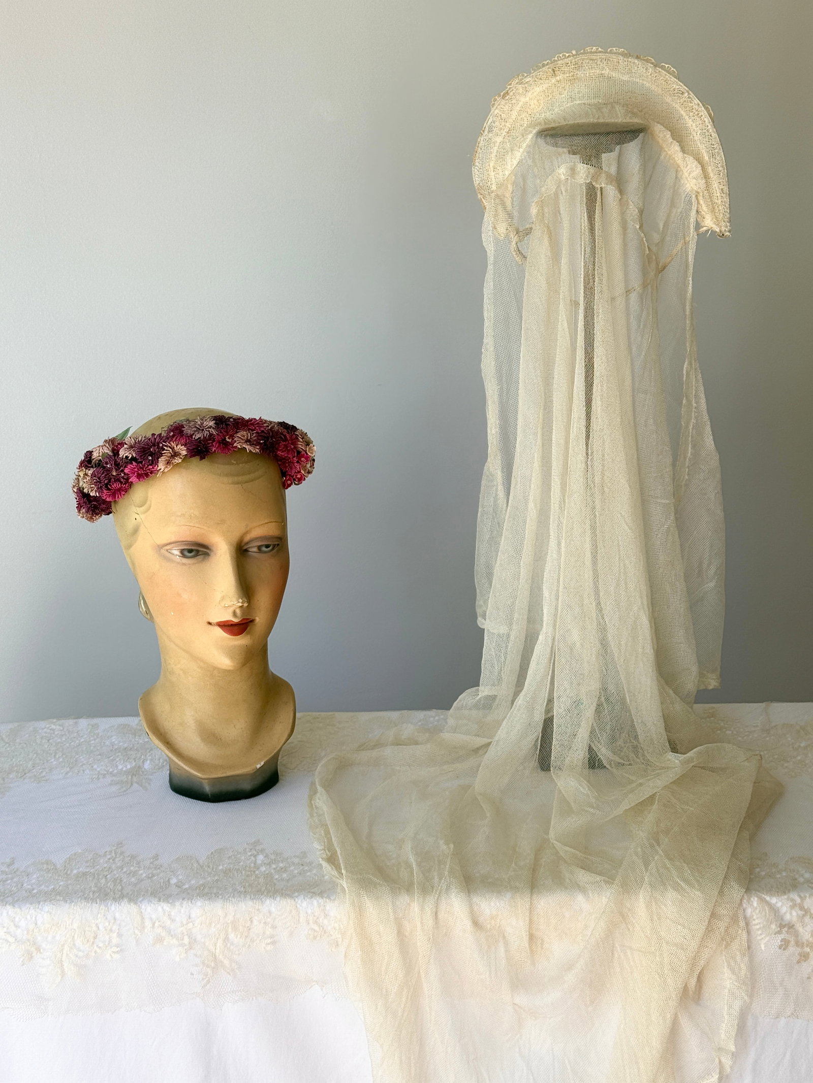 Vintage 1940s Floral Crown and Lace Wedding Veil Group: Vintage 40s white lace wedding veil and vibrant purple and pink rhinestone floral crown. The veil is designed with a classic lace trimmed headpiece and a flowing mesh train.