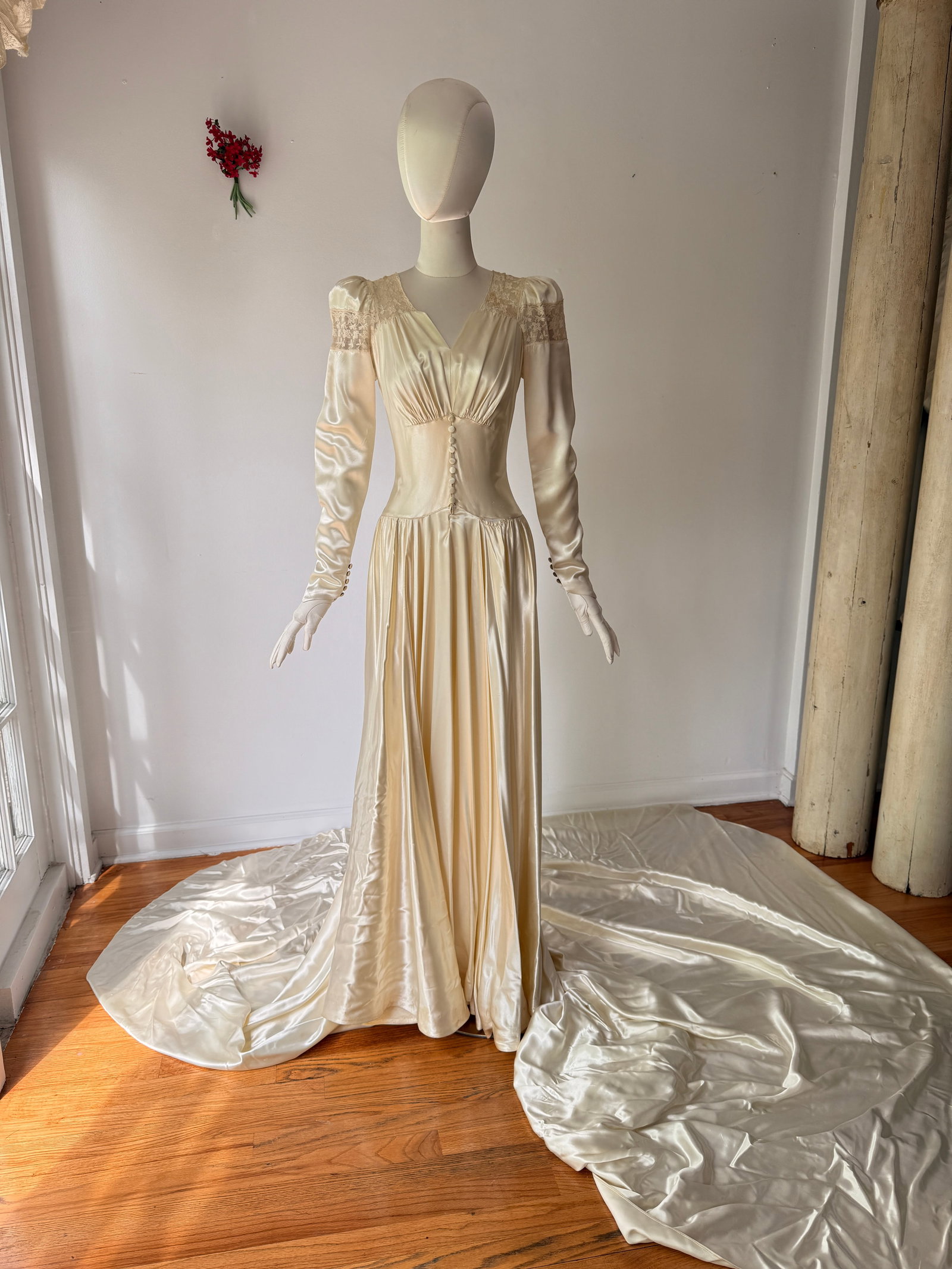 Vintage 1930s-40s Liquid Satin and Lace Wedding Gown w/ Cathedral Train: Vintage 1930s to early 1940s wedding dress in liquid rayon satin that drapes into a cathedral length train. The bodice has a V neckline accented by lace shoulder inserts and ruching, and buttons down 