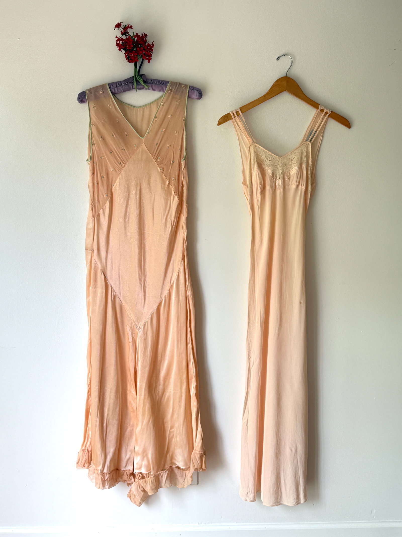 Lot of Two Vintage 1930s Lingerie Dress Pieces, Pink Silk Chiffon Step in Pants: This lot features two 1920s-1940s boudoir lounge negligee pieces. A pink rayon and lace dress by Lady Helen of California with bias cut silhouette. Measurements: 32” bust, 24”-25” wa