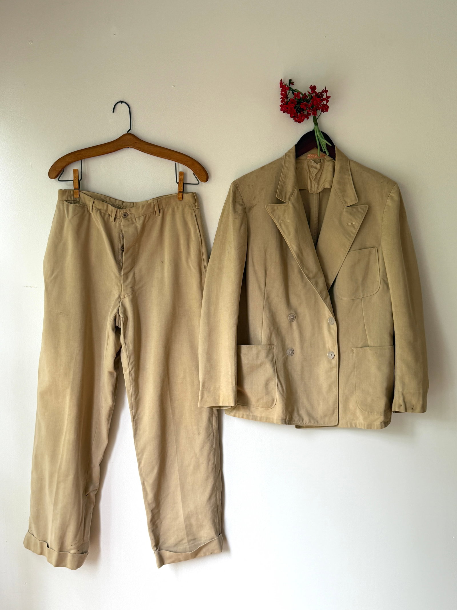 Vintage 1930s 40s Palm Beach Menswear Linen Two Piece Suit, Tailored by Goodall: Vintage 1930s- 1940s vintage menswear summer suit tailored by Goodall from the legendary genuine tan Palm Beach cloth, a specialized tropical weight mohair and cotton blend designed for comfort in war