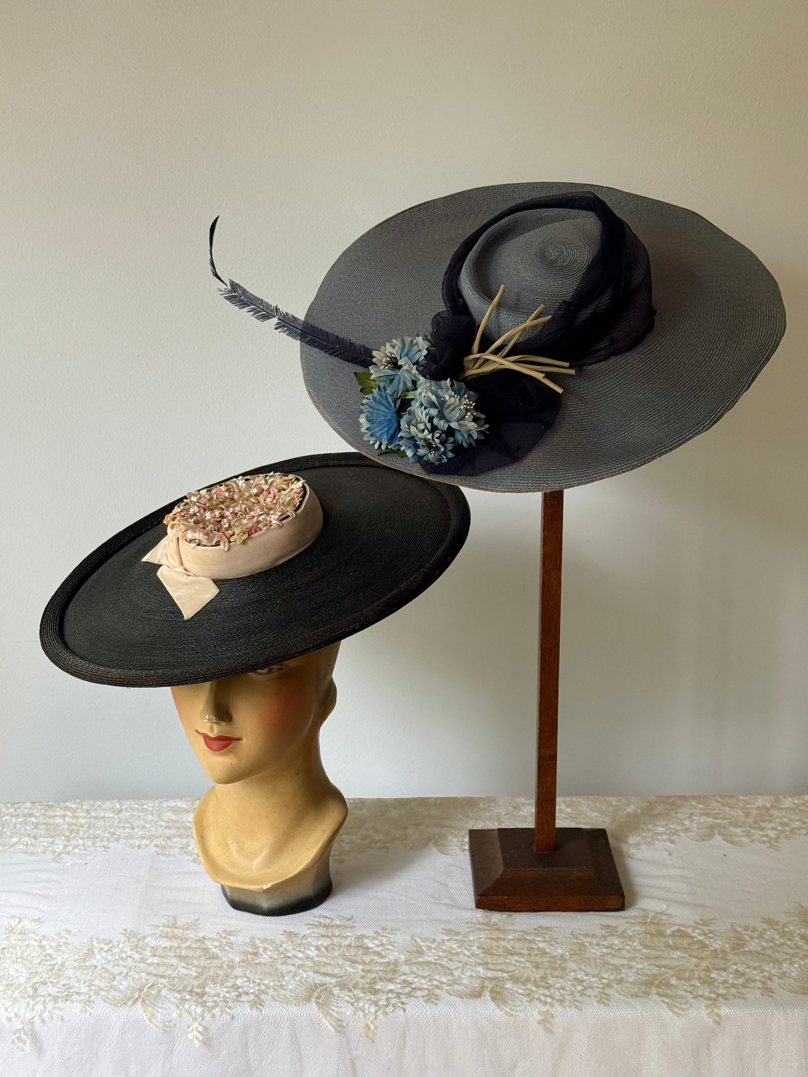 Two Vintage 1940s Wide Brim Hats with Floral Decorations (1 of 11)