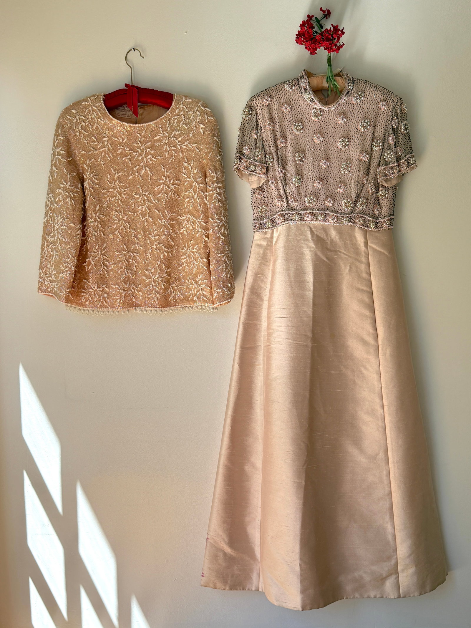 Group Vintage Beaded Dress Evening Wear Pink Shantung Silk & Sequined Top: Two piece lot of mid century formal wear featuring a 1960s era floor length light pink shantung evening gown with a heavily beaded and sequined bodice. The gown is complemented by a vintage pink top e