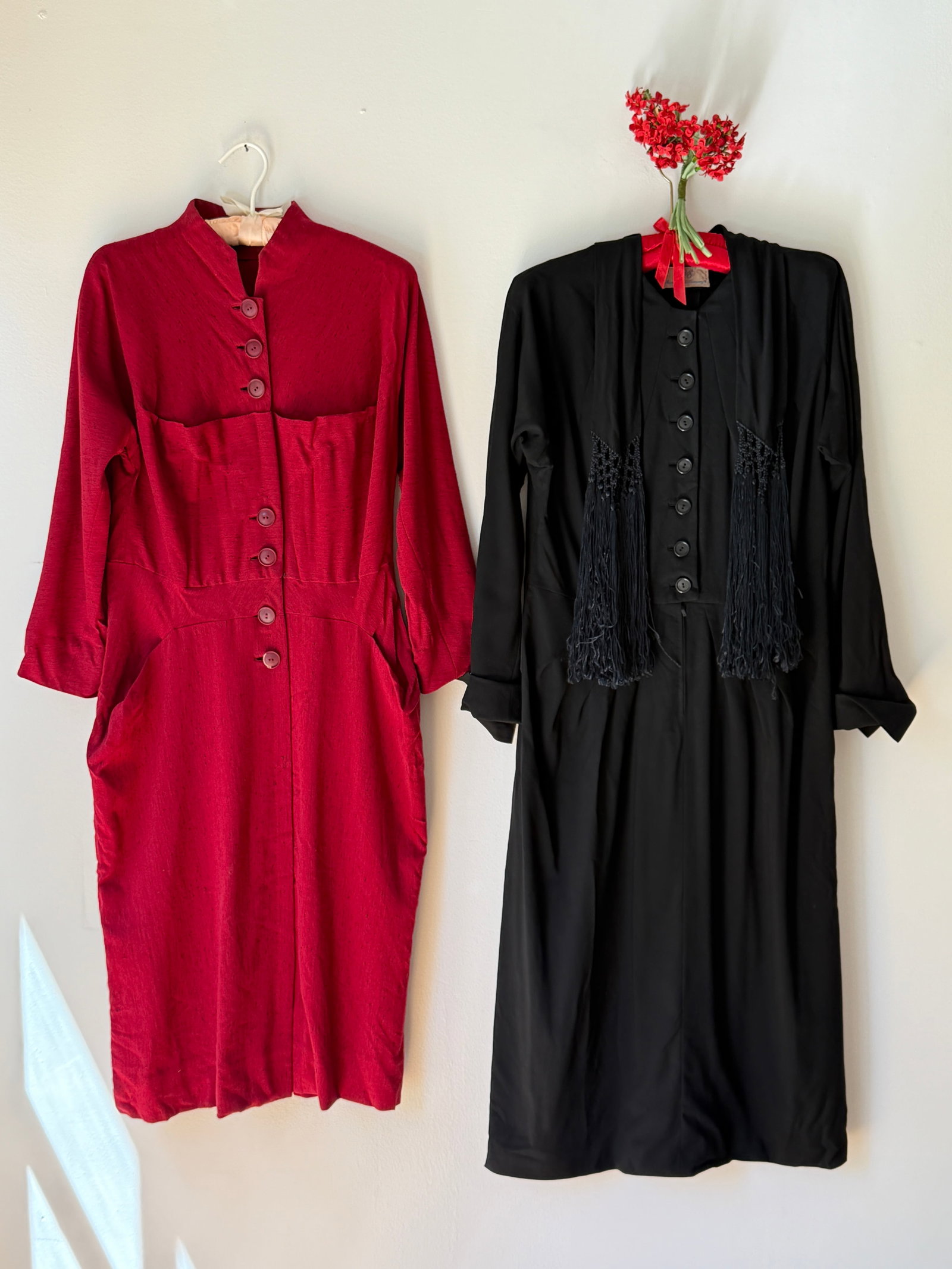 Two Vintage 1940s Crepe Day Dresses, Black & Red (1 of 5)
