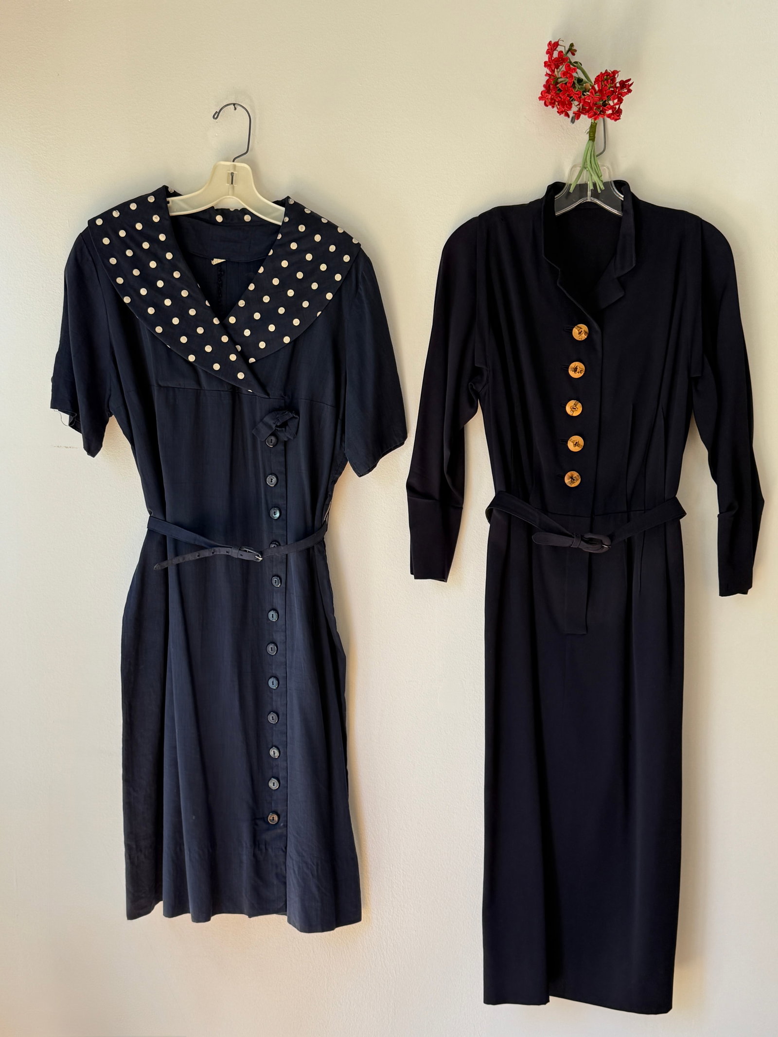 Two Vintage 1940s Navy Blue Rayon Crepe Dresses, Polka Dot: Two 40s ladies day dresses in a navy blue rayon crepe. The first is a short sleeve with an oversized shawl collar and matching sleeve cuffs in a contrasting white polka dot linen, side buttoning bodic
