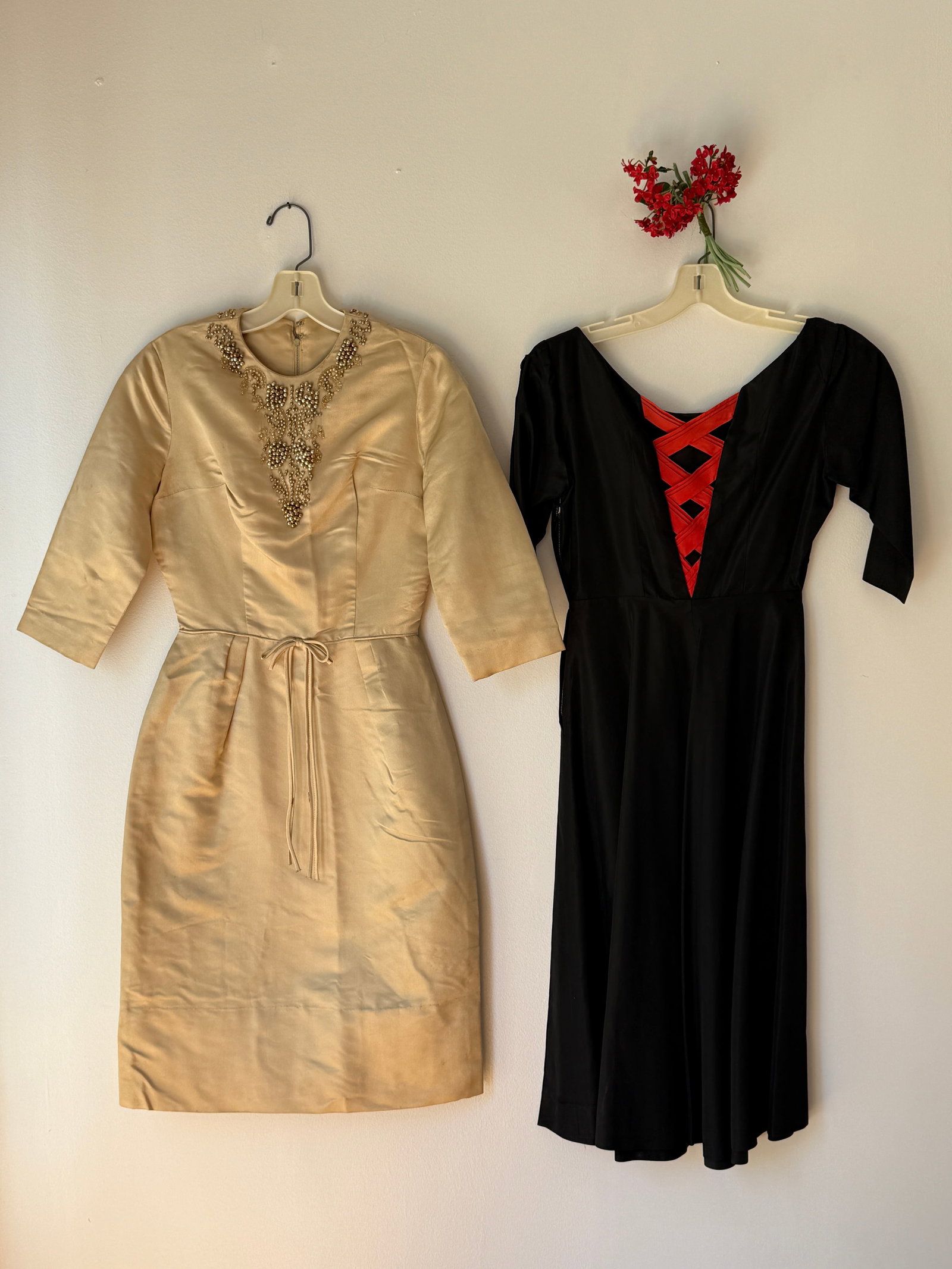 Lot of Two Vintage Mid Century Dresses, Beaded Champagne Satin & Red Corset Lace (1 of 18)