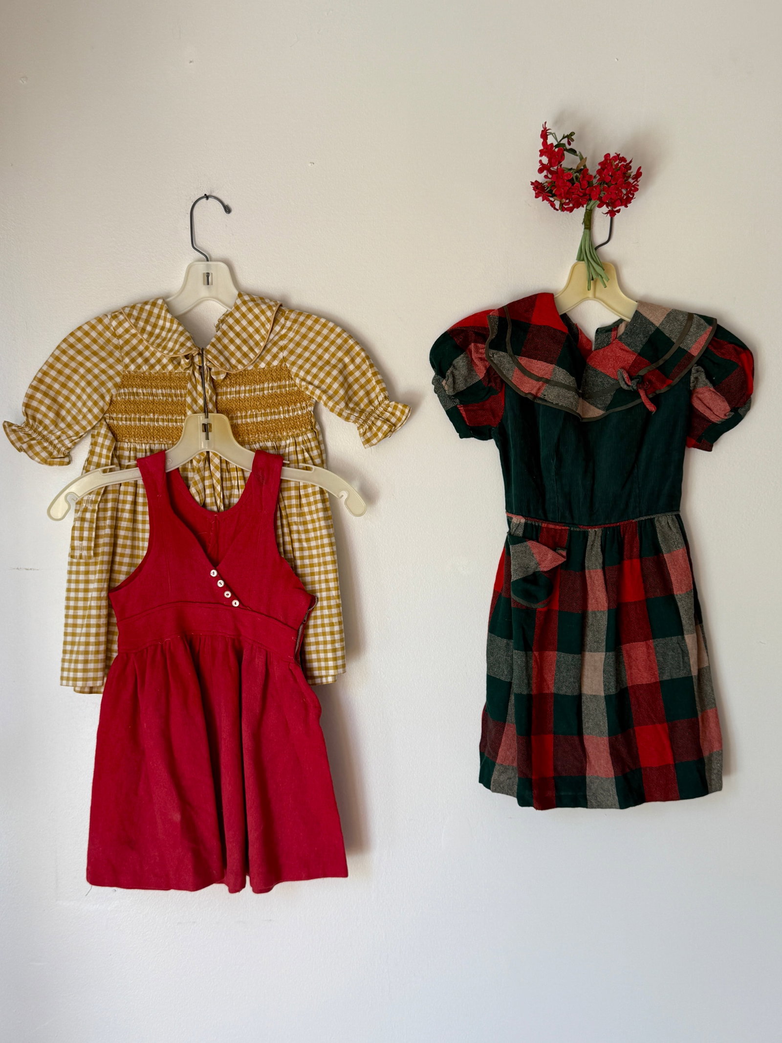 Three Vintage 1930s 40s Baby Girl Dresses in Red, Green, Yellow (1 of 13)