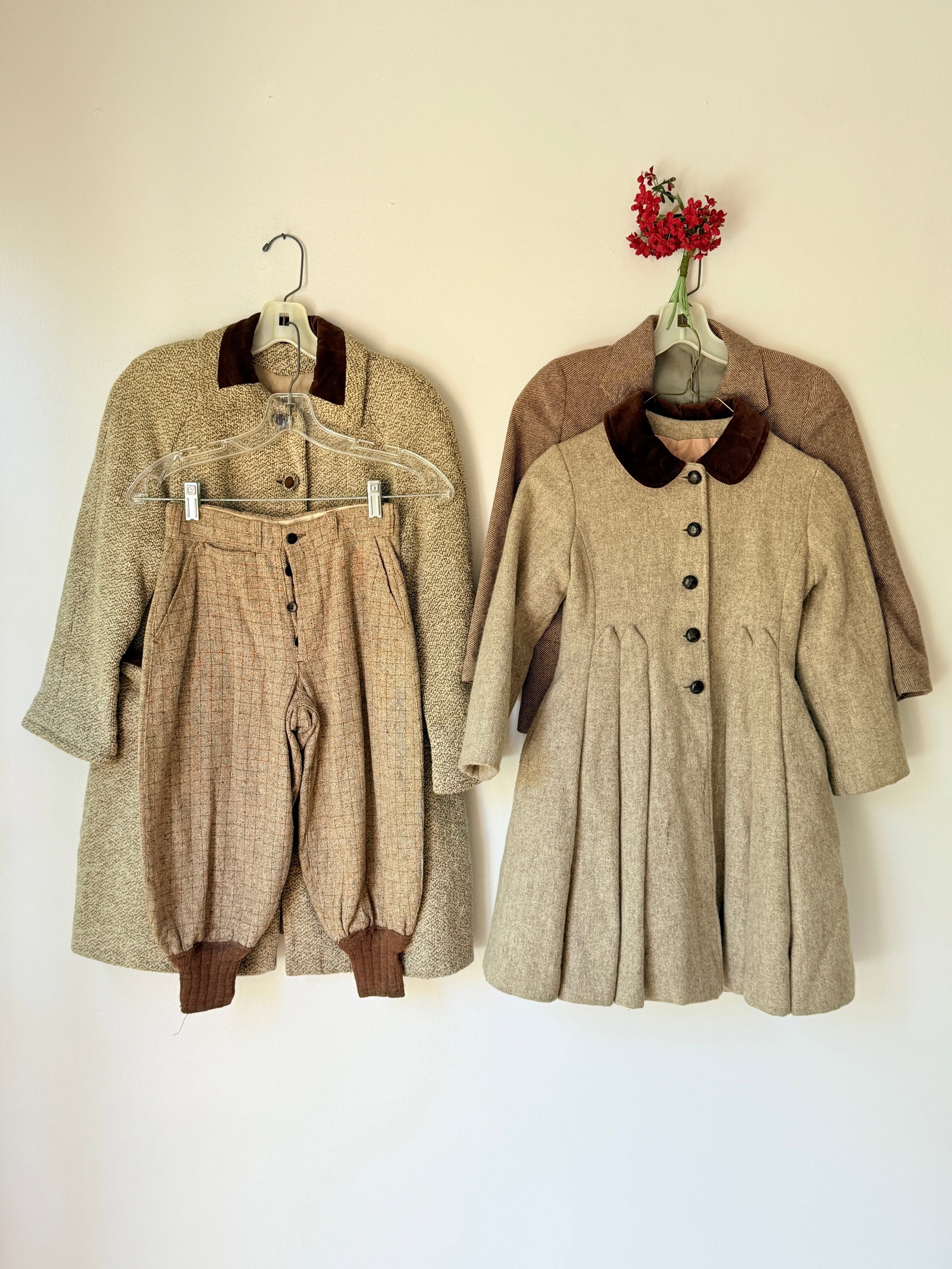 Lot of Four Antique & Vintage Children’s Outerwear: Tweed Coats & Pants: This lot includes four pieces of vintage and antique children's tailored jackets and pants from the early to mid 20th century. Two heavy wool tweed coats with contrasting brown velvet collar, one with