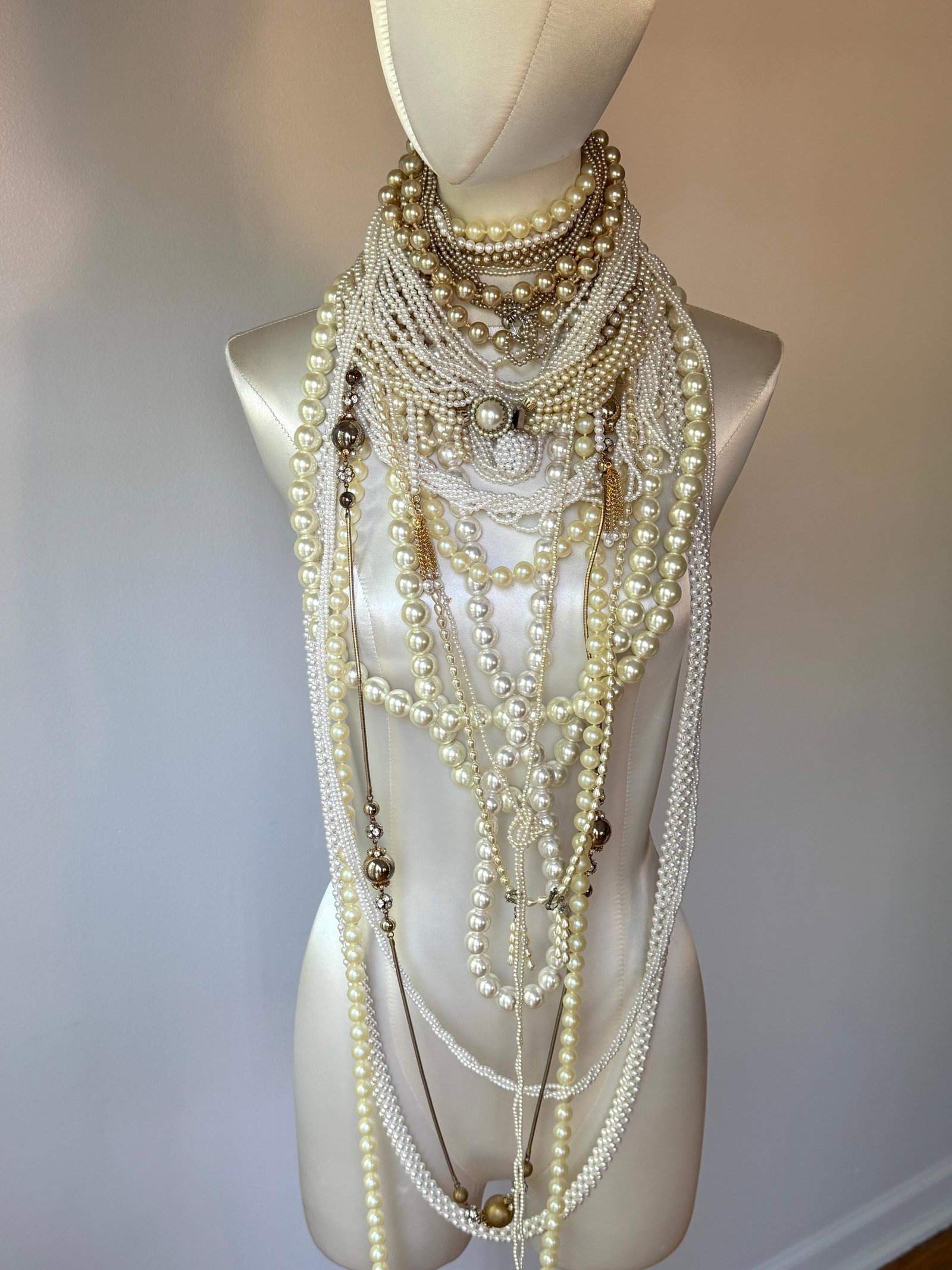 Large Group Vintage Costume Pearl Necklaces: Wonderful collection of vintage faux costume pearls in various strands and sizes.