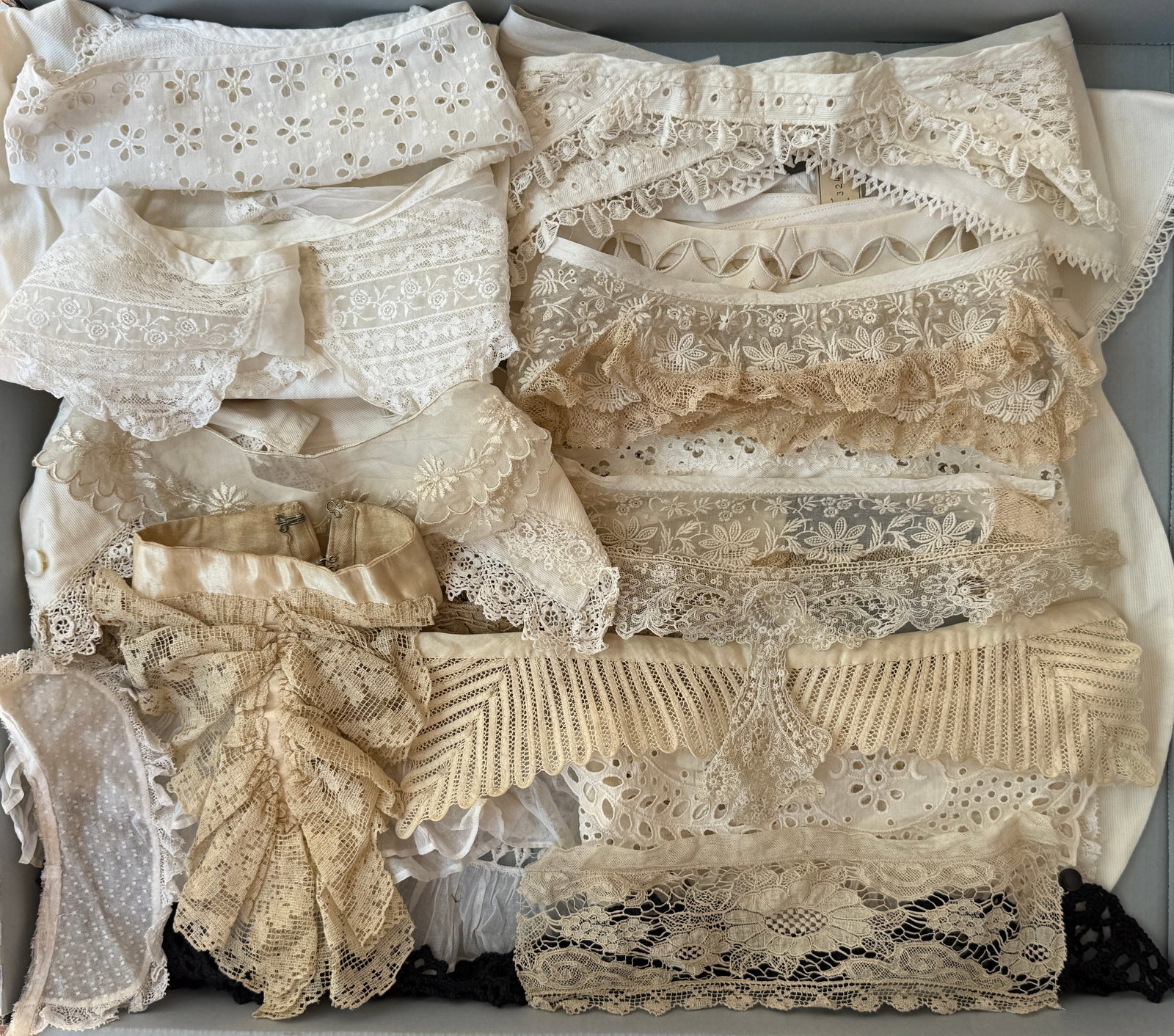 Group Antique Victorian 1900s Lace Collars Trimmings and Bow Ties: Nice collection of antique lace pieces and collars for clothing or repurposing. Some fancier French lace pieces. Also included are some early 20th to mid century bow ties and decorative bows.