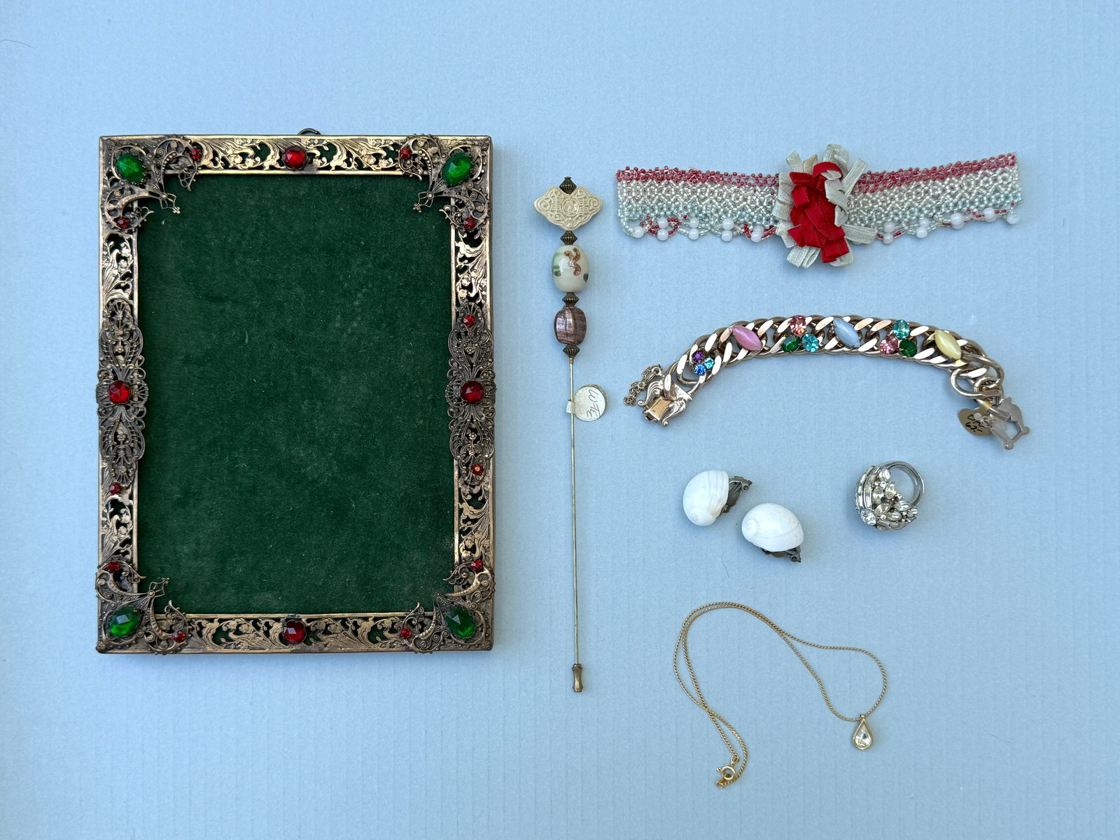 Antique Group, 1900s Jeweled Frame, Glass Jewelry, Hat Pin & more (1 of 9)
