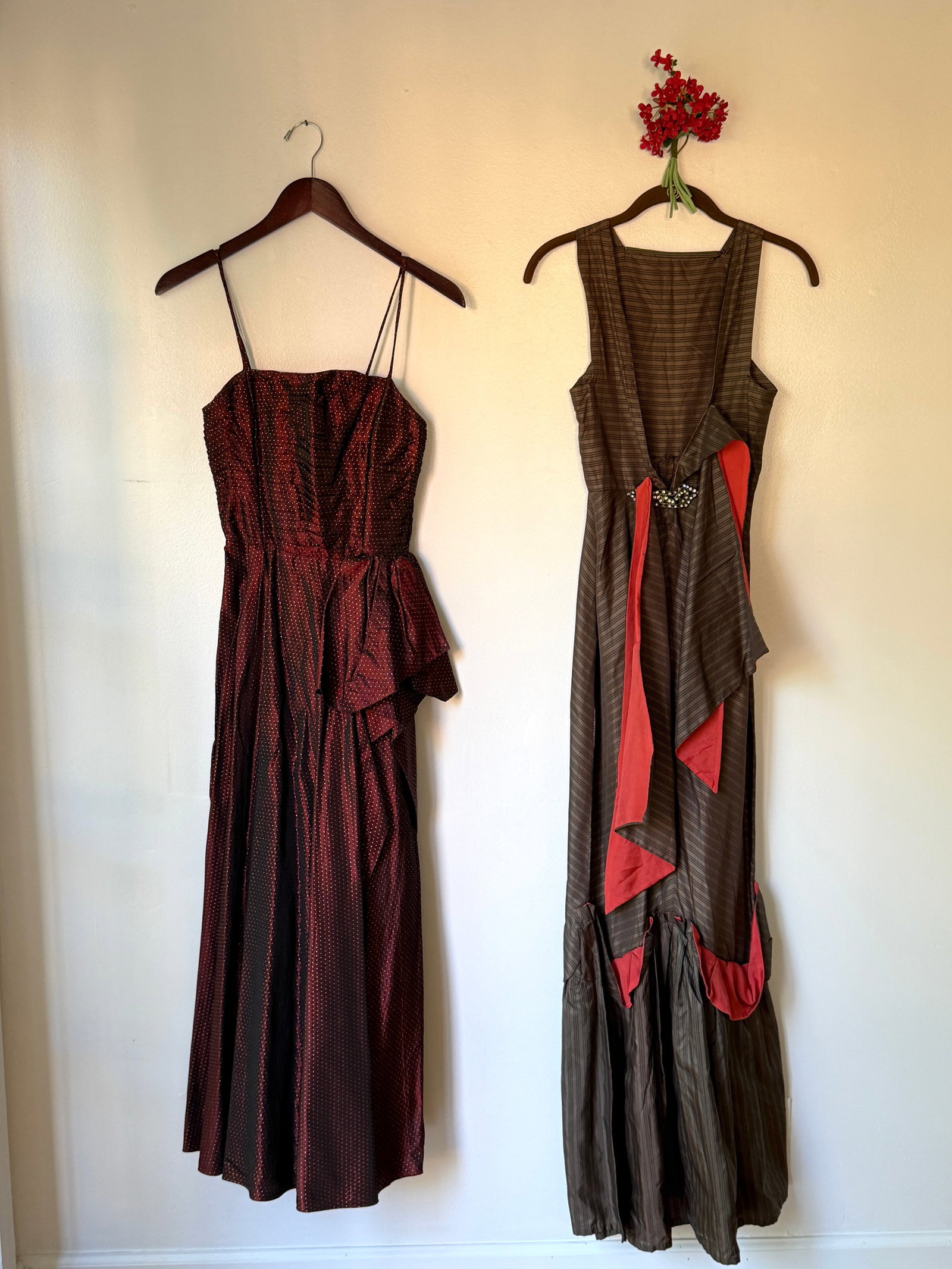 Two Vintage Dresses, 1930s Taffeta and 1940s Gold Dot Gown: Lot of two vintage dresses. The first is a unique c1930 brown taffeta dress constructed with a bias cut and with pops of orange fabric panels. Nice rhinestone belt m: 28" bust, 22" waist, 60" length. 