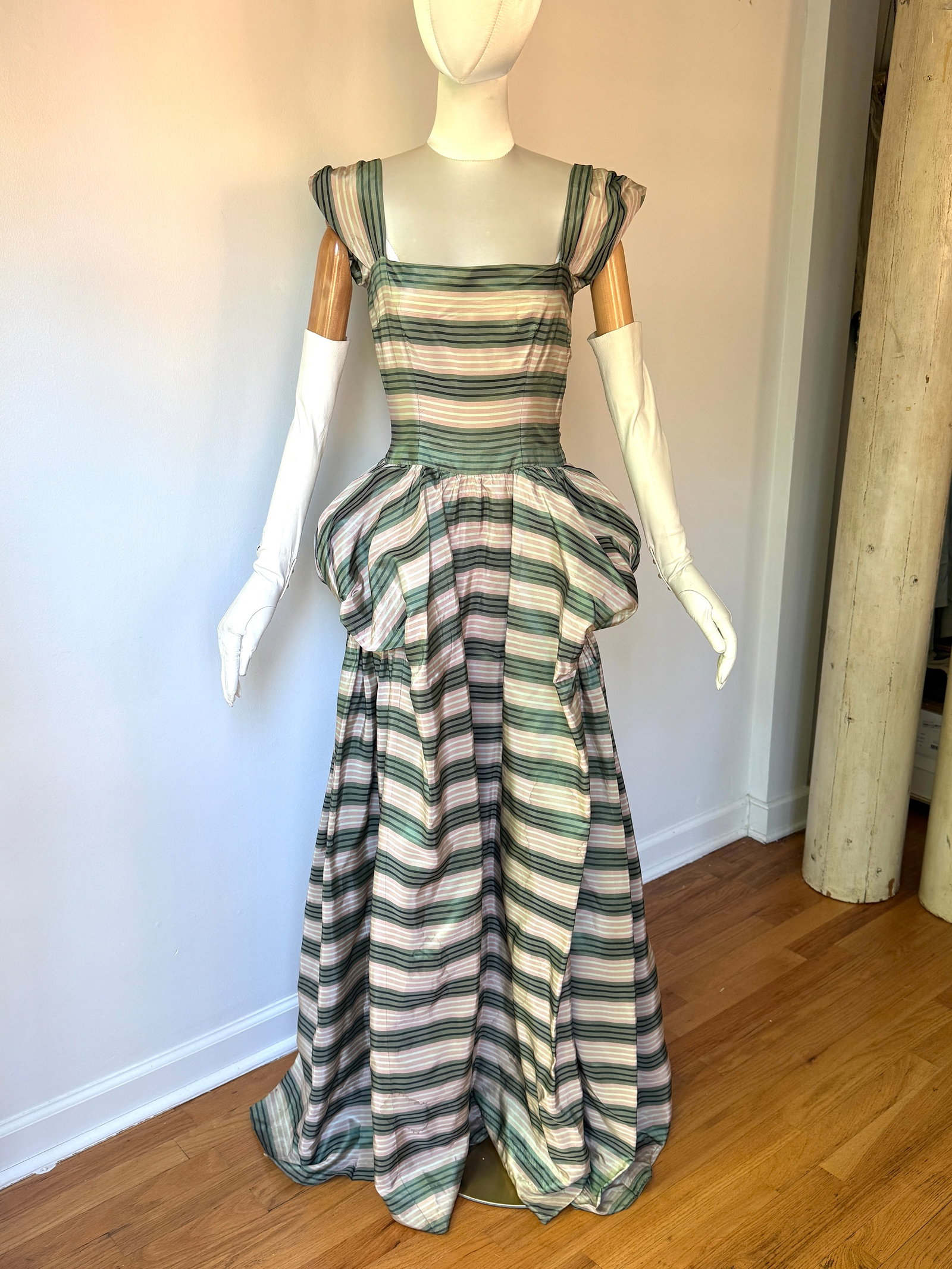 Vintage 1940s CEIL CHAPMAN Pink & Green Striped Taffeta Dress: A nice example of late 1940s Hollywood glamour by legendary couturier Ceil Chapman. This floor length evening gown is crafted from high quality pink and green candy striped silk taffeta, offering a lu