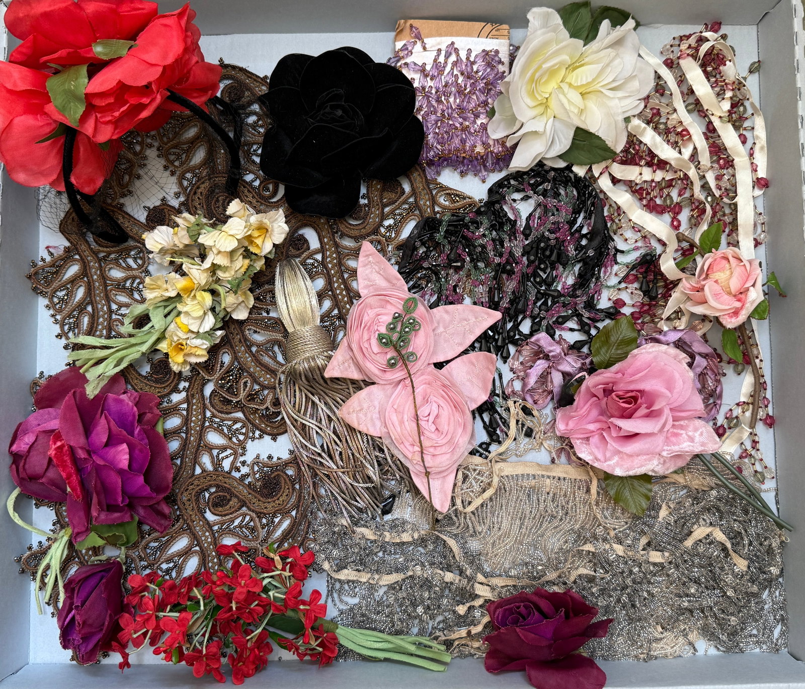 Vintage & Antique Millinery Group: Silk Flowers, Beaded Fringe, Trims & Tassels (1 of 10)